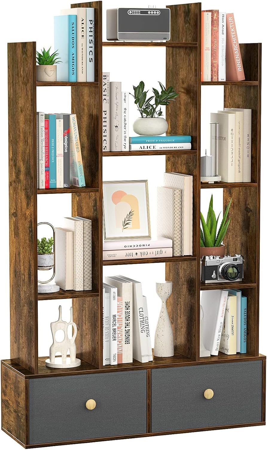 Unikito Bookshelf with 2 Drawers, Vintage Open Bookcase, Free Standing Book Shelf Organizer, Industrial Wood Bookshelves Storage Shelf, Book Case for Bedroom, Living Room, Home Office, Rustic Brown : Home & Kitchen