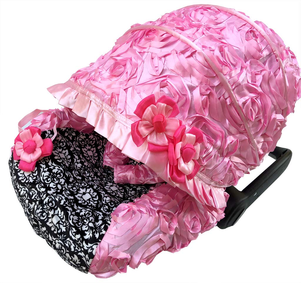 Rosy Kids Infant Carseat Canopy Cover 3pc Whole Caboodle, Baby Car Seat Cover Outdoor Kit, 3D Rosette Fabric, Baby Pink Damask Print