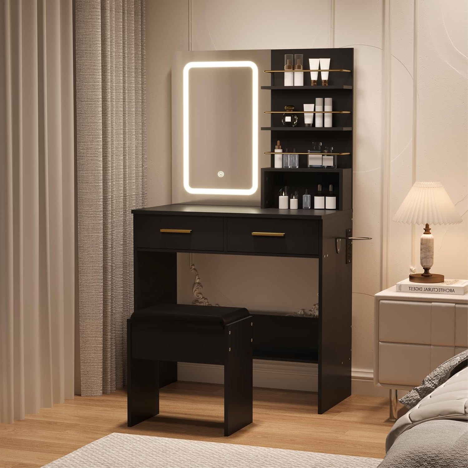 Vanity Desk with Mirror and Lights, Makeup Vanity with 3 Color Light Options and 4 Open Shelves, Vanity Table with 2 Storage Drawers, Dressing Table with Cushioned Stool(Black)