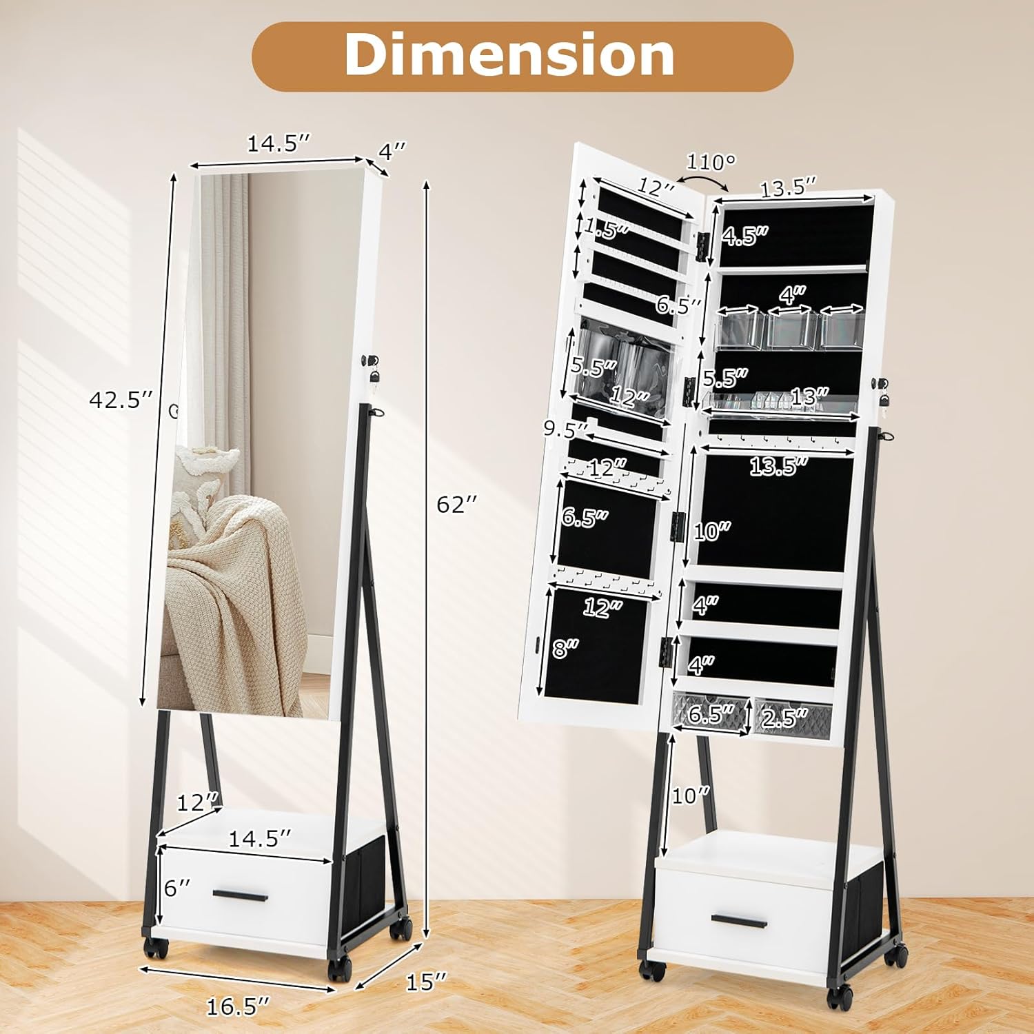 GOFLAME Rolling Jewelry Armoire Cabinet, Full Length Mirror with Storage, Floor Standing Lockable Jewelry Cabinet with Wheels, Drawers & Shelves, Large Capacity Jewelry Box Organizer (White)