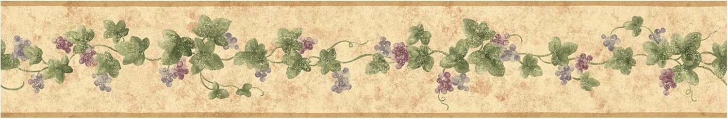 RoomMates York Wallcoverings Small Treasures Textured Ivy Grape Prepasted Border, Tan/Green/Cranberry/Plum