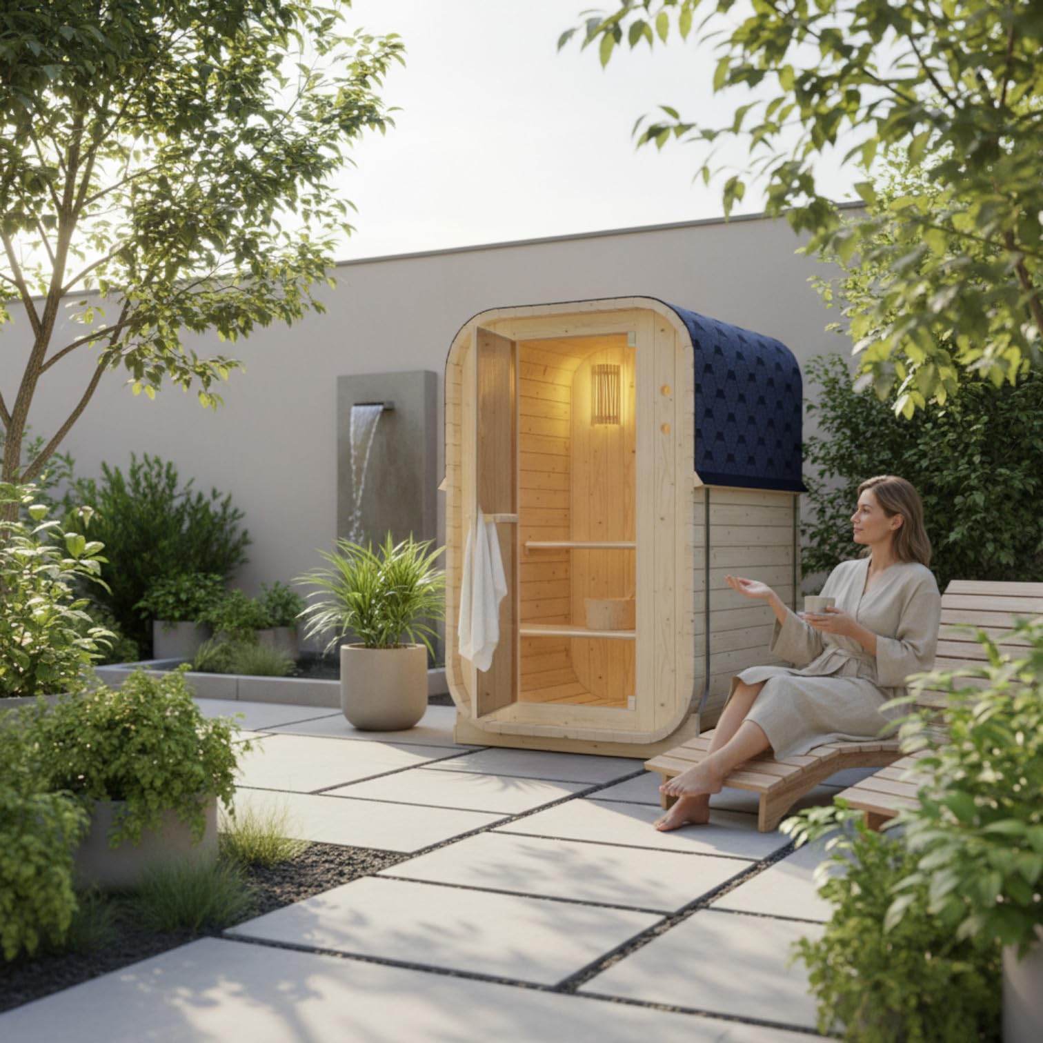 WELCON Easyheat Solo Outdoor - Sauna de barril para exteriores (120 x 120 x 194 cm, madera de abeto, 230 V, 3,6 kW, horno eléctrico, 1-2 personas, con piedras para sauna y cubo de infusión)