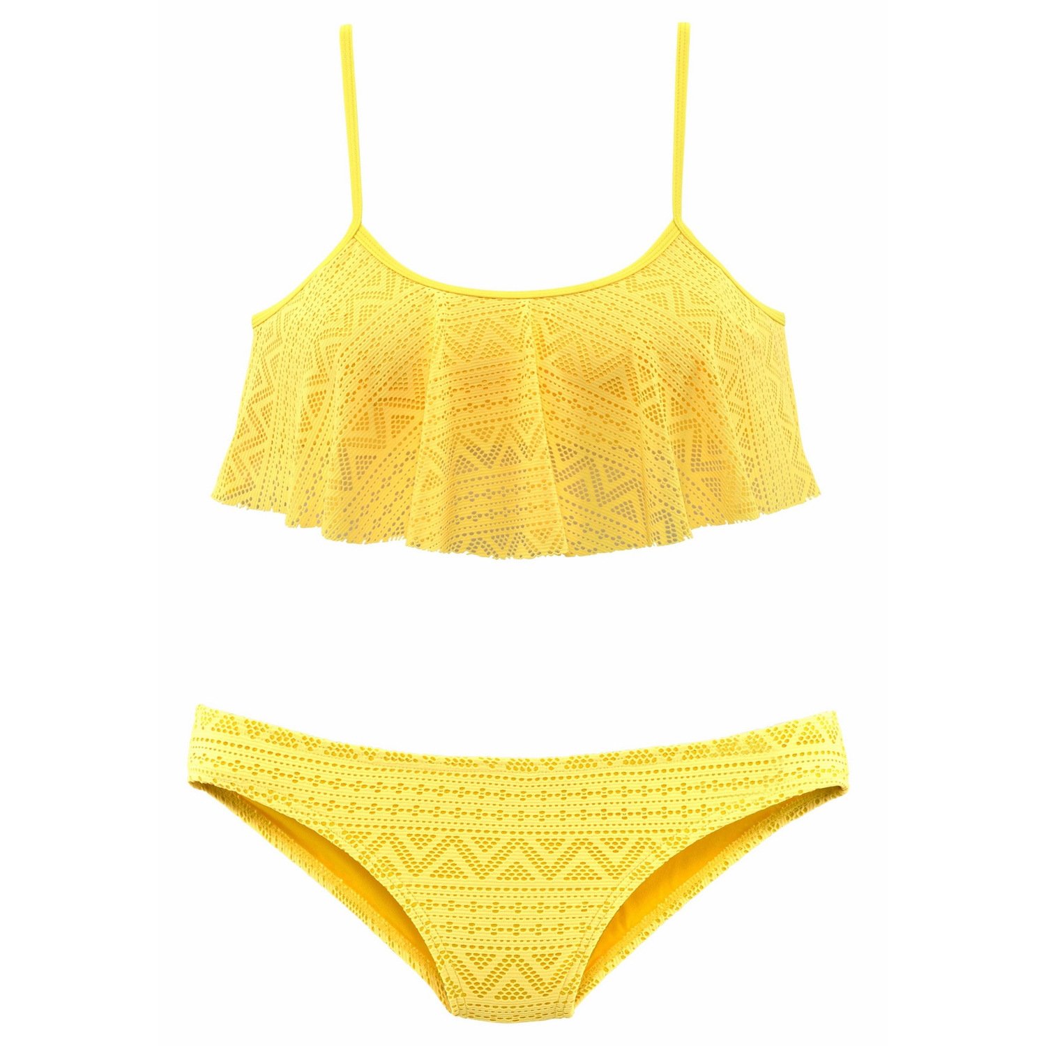 SporlikeSexy Lace Bikini Ruffled Flounce Crop Top Low Waist Bottom Pure Color Two Piece Swimsuits - Yellow - XX-Large