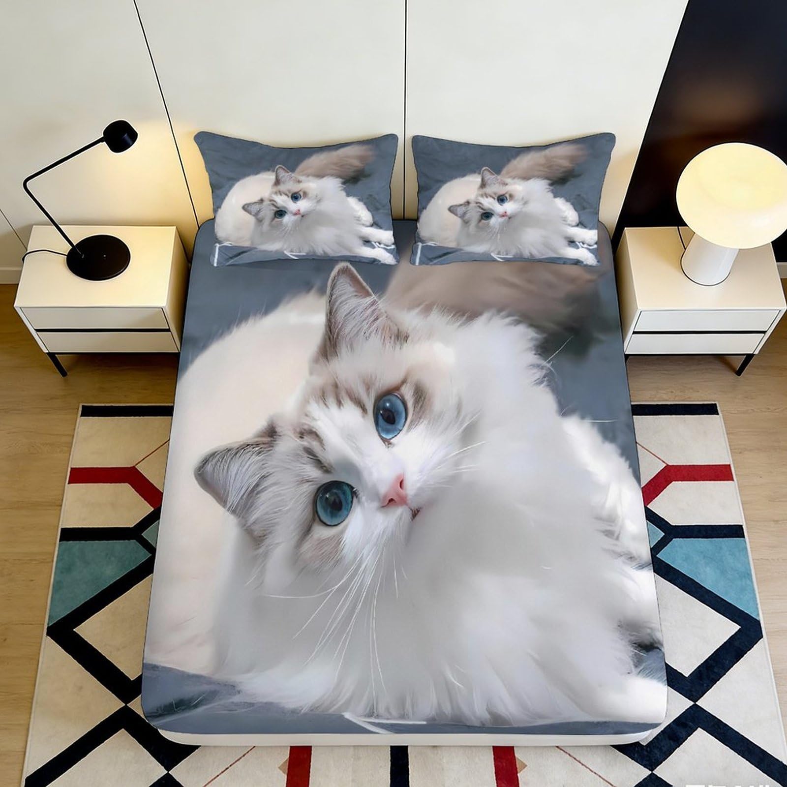 3D Printed Blue Eyed Cat Fitted Sheet Microfiber Soft Mattress Cover White Fluffy Kitten Bed Sheet Bedroom Decor 180x200x25cm