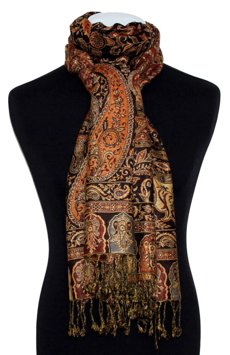 Lorenzo Cana Marken Damenpashmina Schal Schaltuch Stola Umschlagtuch Naturfaser opulentes Muster in harmonischen braun Farben mit Fransen 70 cm x 200 cm - 78166