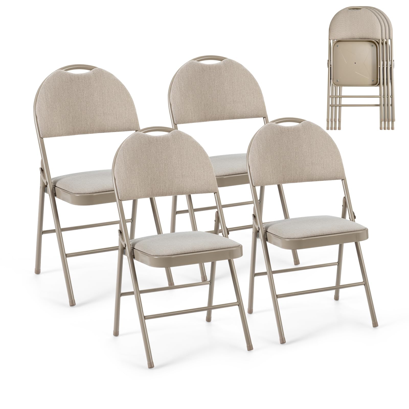 HOMASIS Set di 4 sedie pieghevoli, da cucina con schienale e manico, con struttura in metallo, pieghevole, portata fino a 120 kg, per sala da pranzo, soggiorno, ufficio (beige)