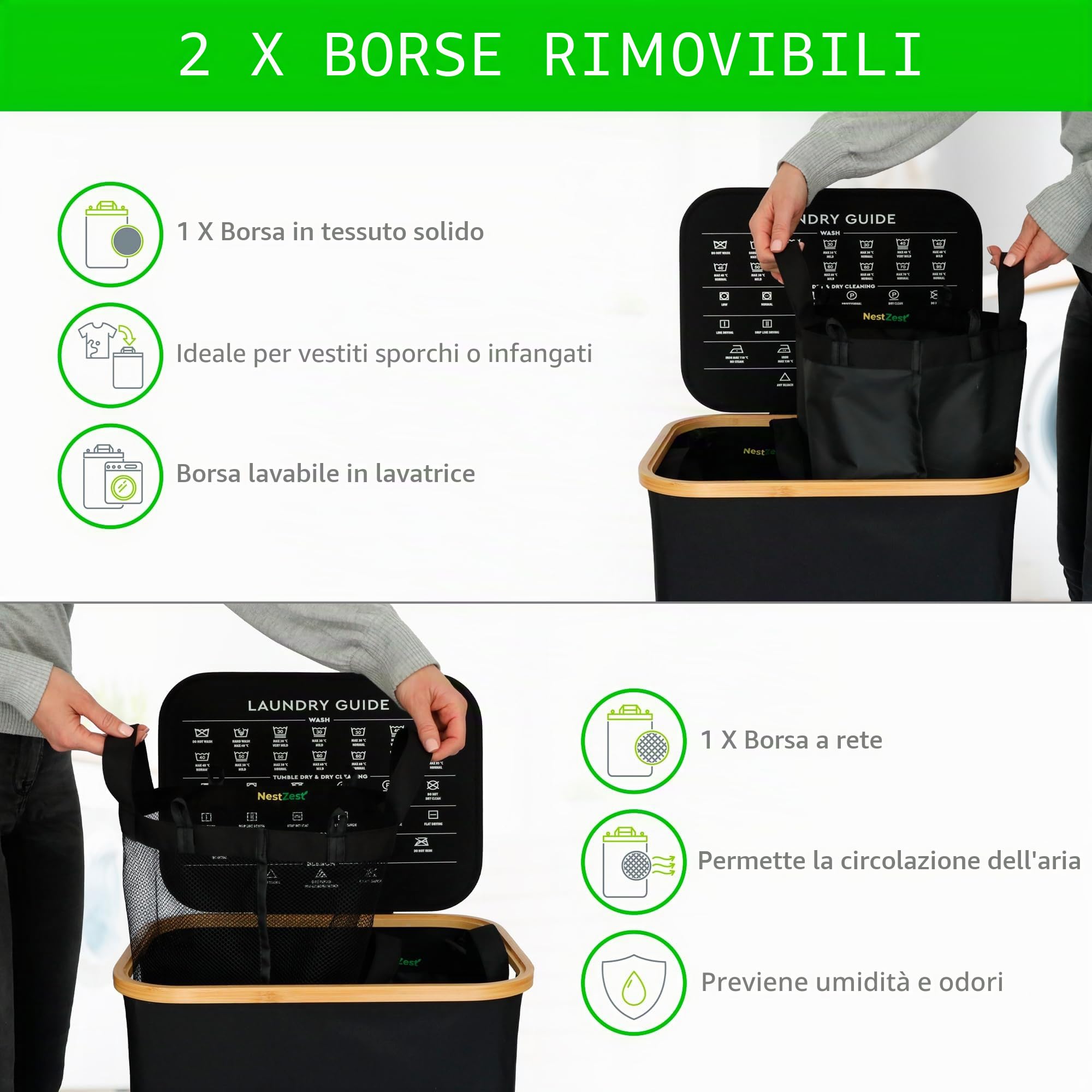Nest Zest - Cesto portabiancheria doppio da 100L con coperchio, 2 scomparti per ordinare il bucato, cesto portabiancheria con guida per la cura e 2 sacchetti interni rimovibili, cesto per vestiti
