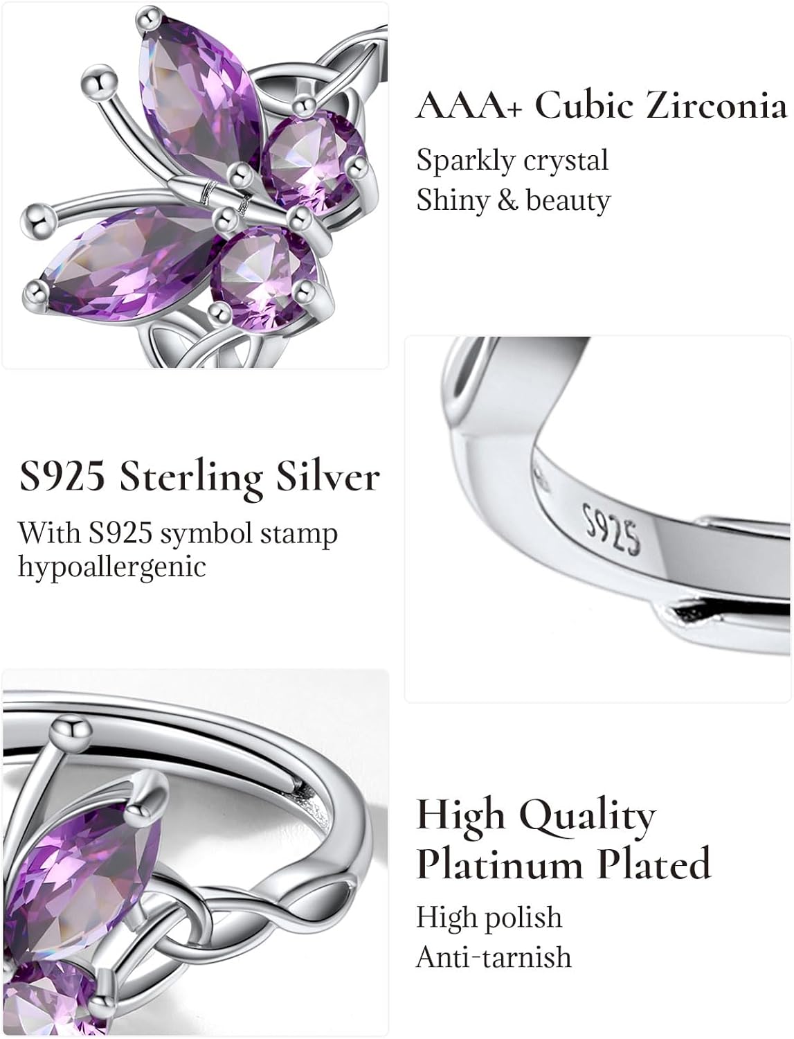 925 Sterling Silver Butterfly Ring,Adjustable Silver Birthstone Rings for Women,Dainty Butterfly Stackable Rings Gifts for Her