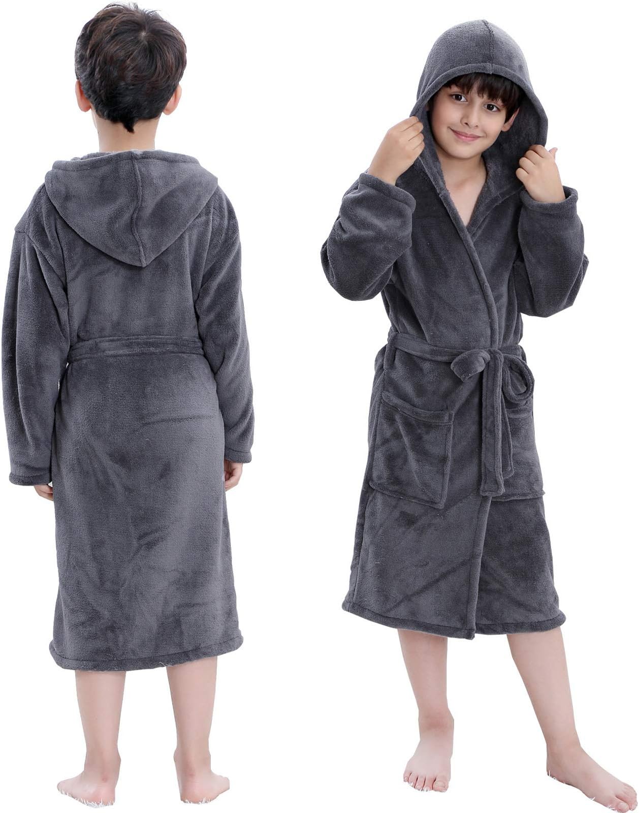 Hooded Herringbone Boy's Fleece Grey Soft Spa Kimono Long Robe,Kids Comfy Sleepwear Bathrobe