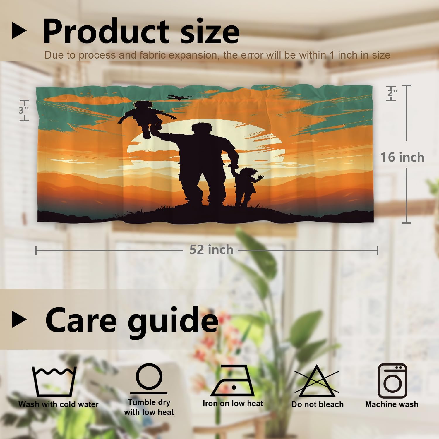 Sunset Family Silhouette Blackout Kitchen Curtain, Father with Kids At Dusk Window Treatment Rod Pocket Light Filtering Bathroom Short Valance 2 Pack 52X16 Inches