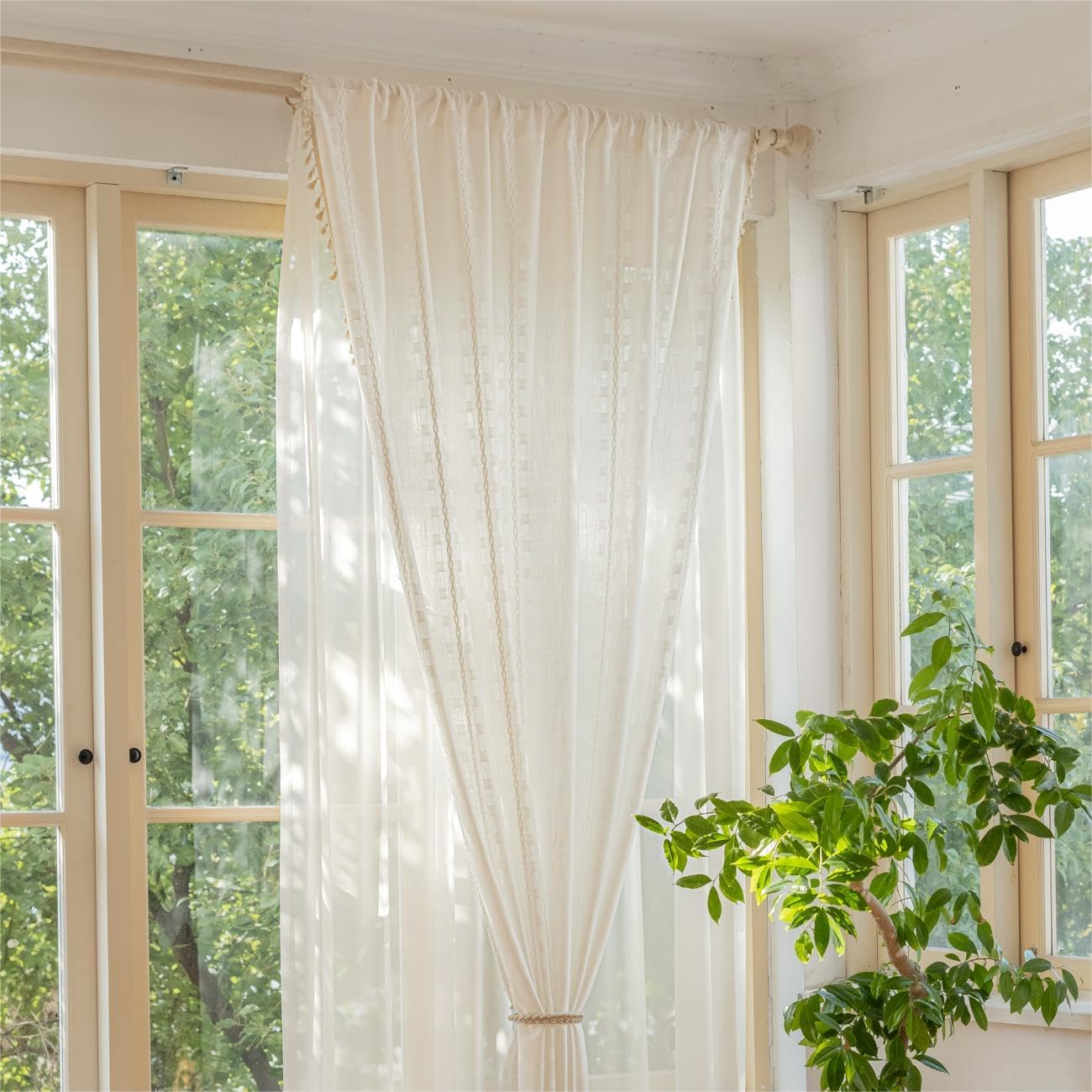 Sutuo Home White Boho Curtains 84 inches Long for Bedroom Living Room,Light Filtering Cream Farmhouse Hollow Vintage Chic Tassels Window Treatment Bohemian Privacy Rod Pocket 1 Panel 52" W x 84" L