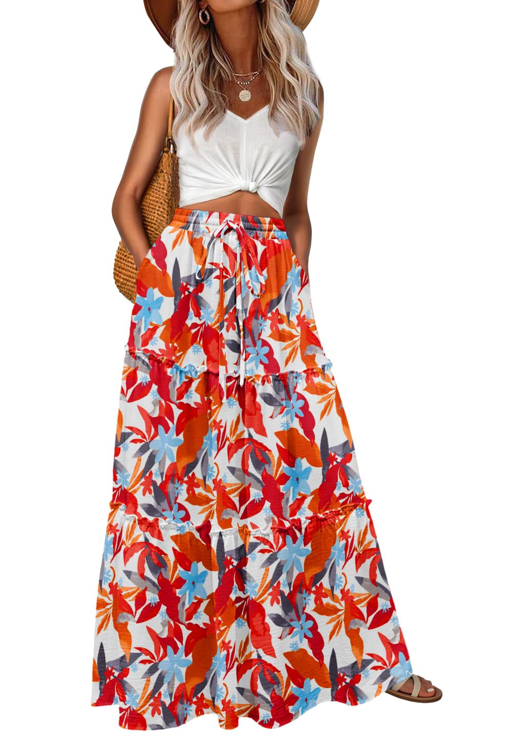 Lepunuo Womens Casual Boho High Waisted Flowy Maxi Skirts Tiered Floral Long Skirts with Pockets for Summer Beach Vacation