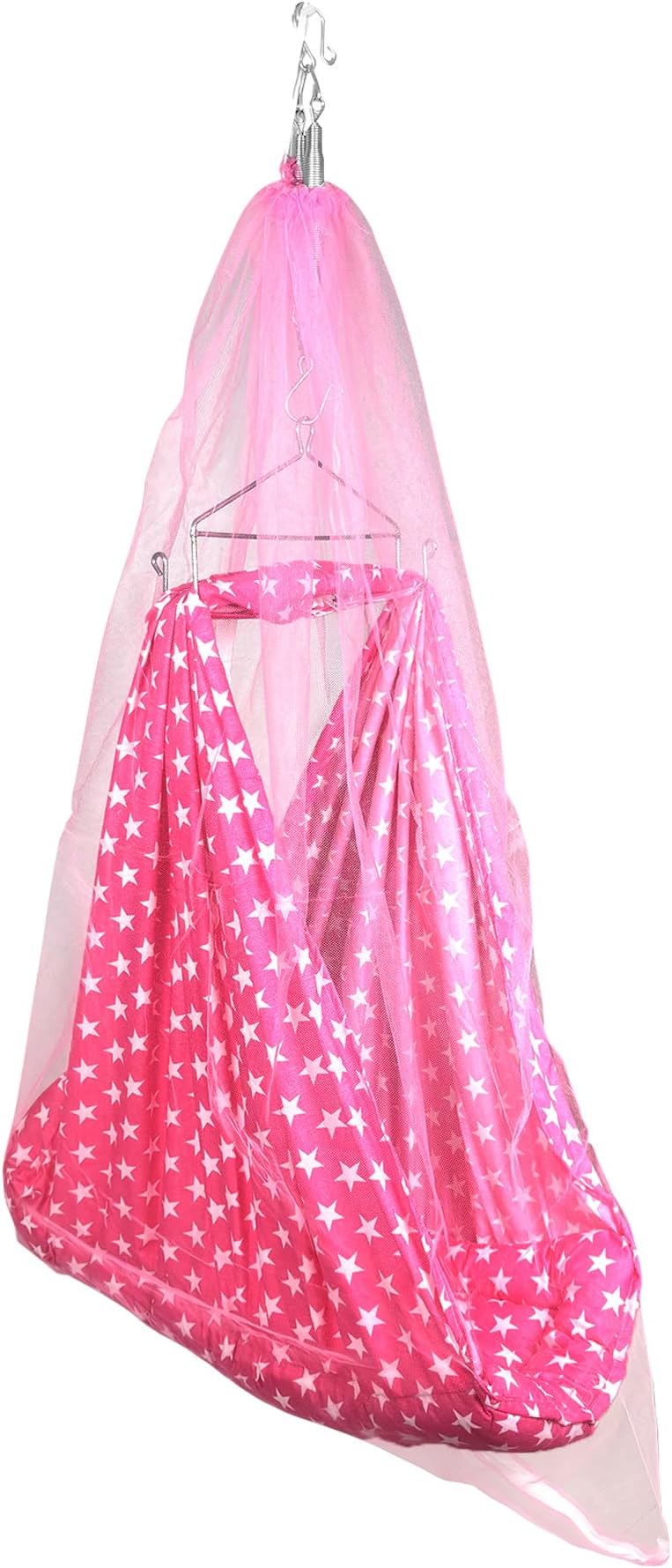 beetot 4 in 1 Baby Cradle Set Swing/Jhula (Thottil Cloth, Palna, Dolna) | Hanging Cradle with Removable Bed, Mosquito Net, Spring, Triangle Hanger | Up to 15 kg | 0-2 Years | PRE-DRK Pink-Star Print
