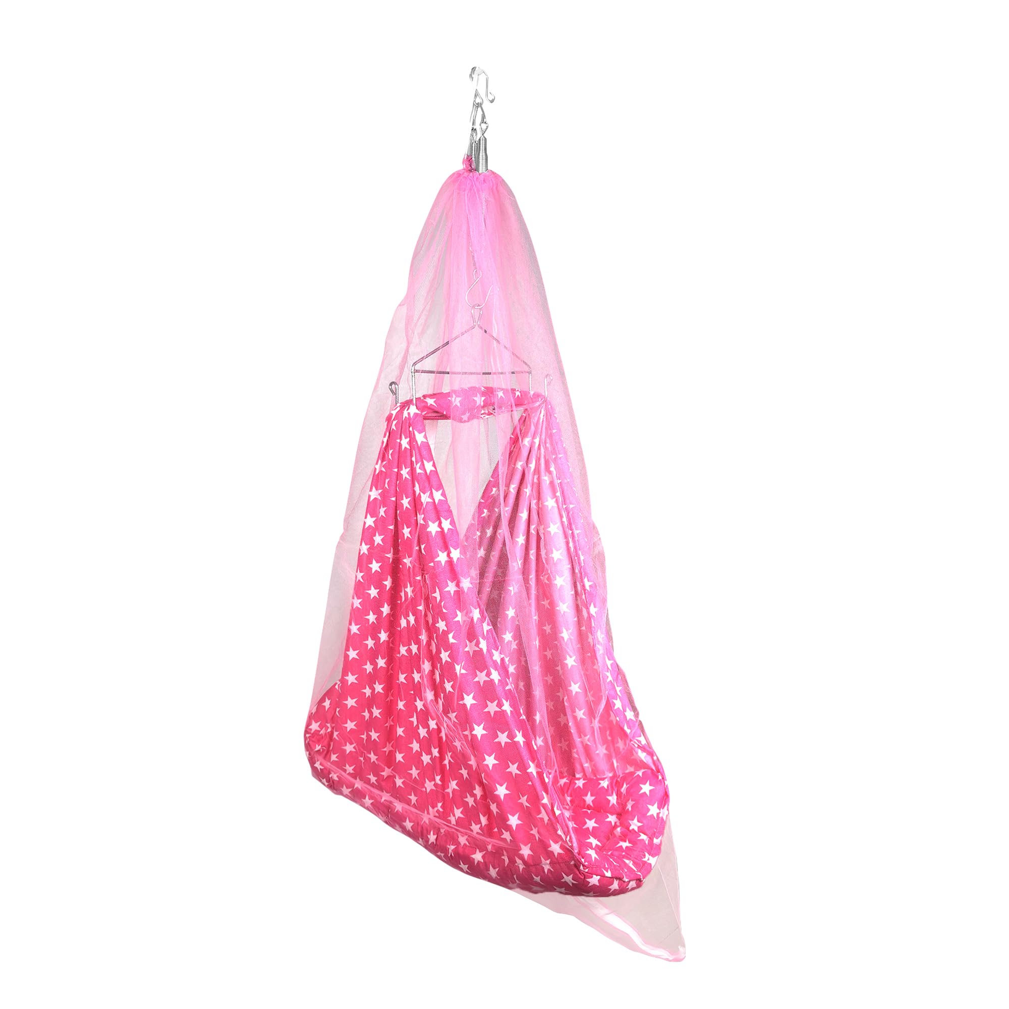 beetot 4 in 1 Baby Cradle Set Swing/Jhula (Thottil Cloth, Palna, Dolna) | Hanging Cradle with Removable Bed, Mosquito Net, Spring, Triangle Hanger | Up to 15 kg | 0-2 Years | PRE-DRK Pink-Star Print
