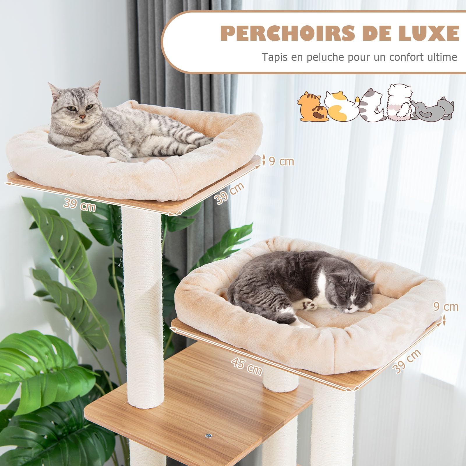 GOPLUS Árbol para Gatos de Madera de XXL 176 CM, Torre para Gatos de 5 Niveles con Poste Rascador de Sisal, Diseño Antivuelco, Árbol Rascador con Cojines Cómodos, 59×59×176CM