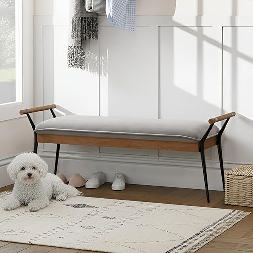 DUOMAY Banco Otomano Rectangular Moderno con Brazos y Patas de Metal, Banco de Mesa de Comedor de Tela de Chenille de Mediados de Siglo, Reposapiés,