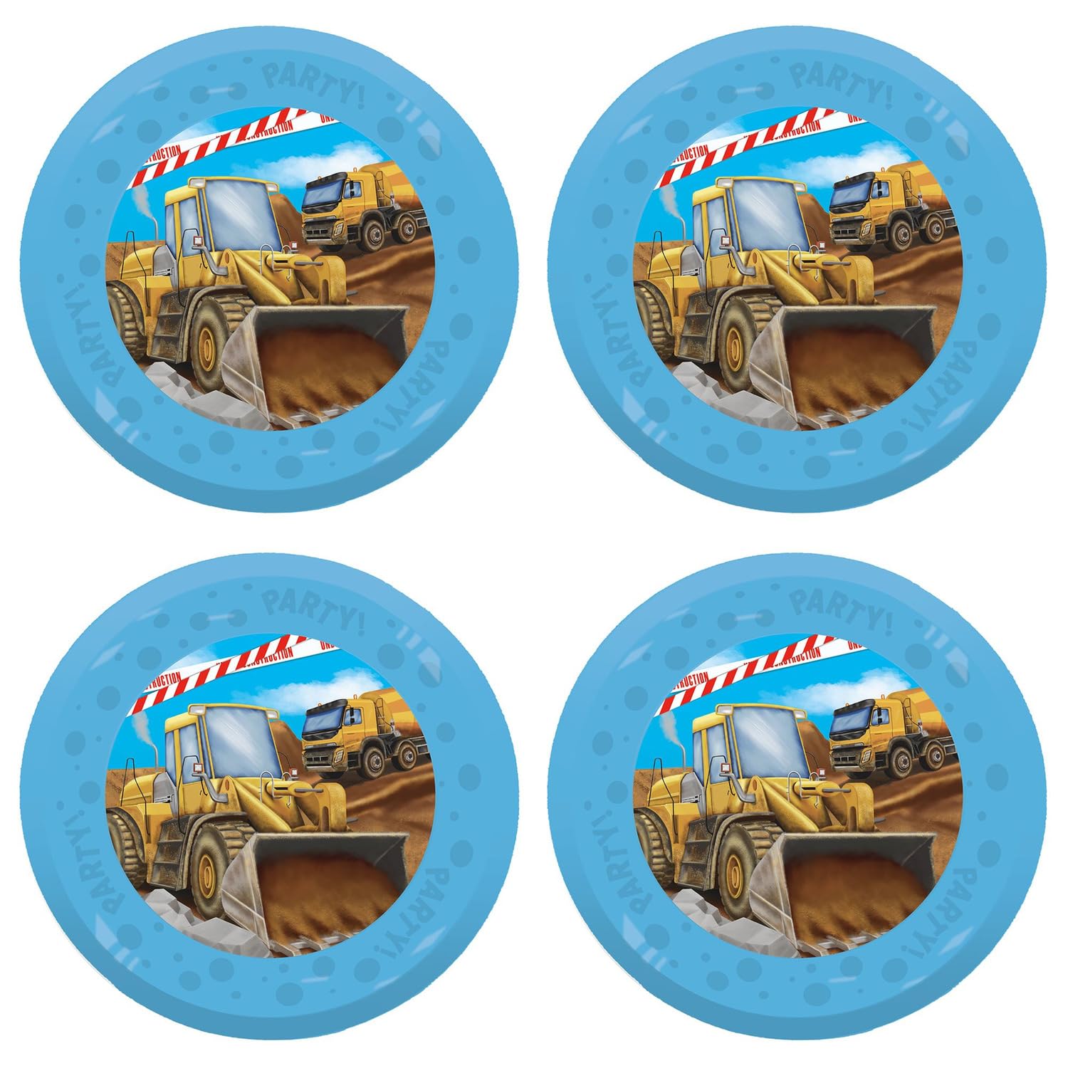Procos - Plastic Plate Construction, Pack of 4, Reusable, Party Tableware for Birthday or Theme Party, Construction Site, Excavator