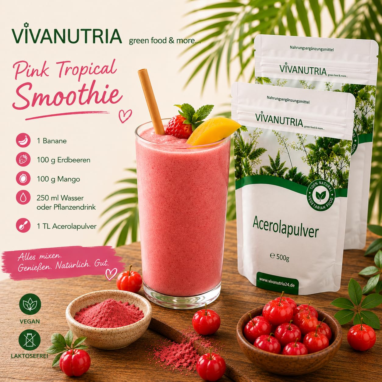 VivaNutria Acerola Pulver I natürliches Vitamin C Pulver als Acerola Frucht-Pulver für Smoothies/als Müsli-Topping I Acerola Kirsche aus kontrolliertem Anbau, laborgeprüft I vegan (1000 g)