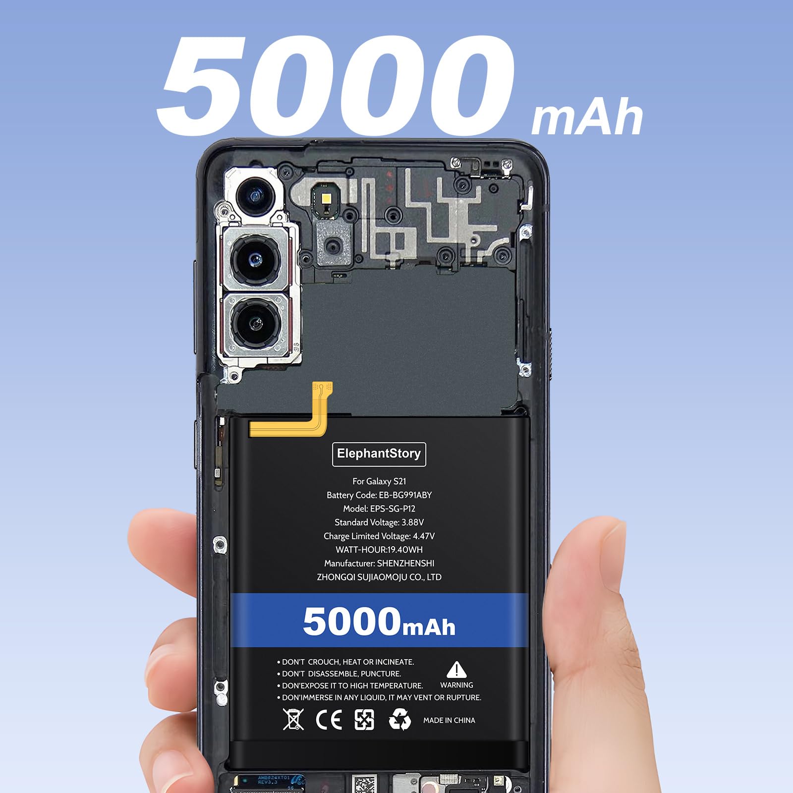 ElephantStory Battery for Galaxy S21, 5000 mAh Battery for Samsung Galaxy S21 SM-G991U1 with Repair Kits
