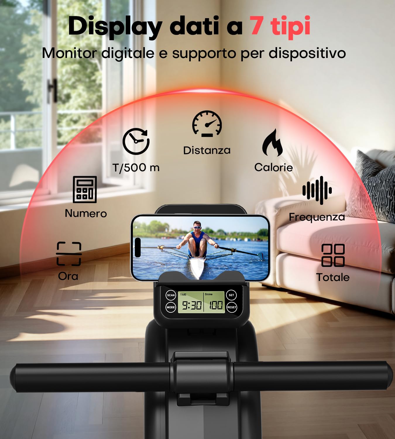 MOSUNY Vogatore per Casa, 16 Livelli di Resistenza, Vogatore Magnetico con Guide di Scorrimento Doppie Aggiornate, Ultra Silenzioso, Display LCD Compatibile con App, Capacità di Carico Fino a 160 kg