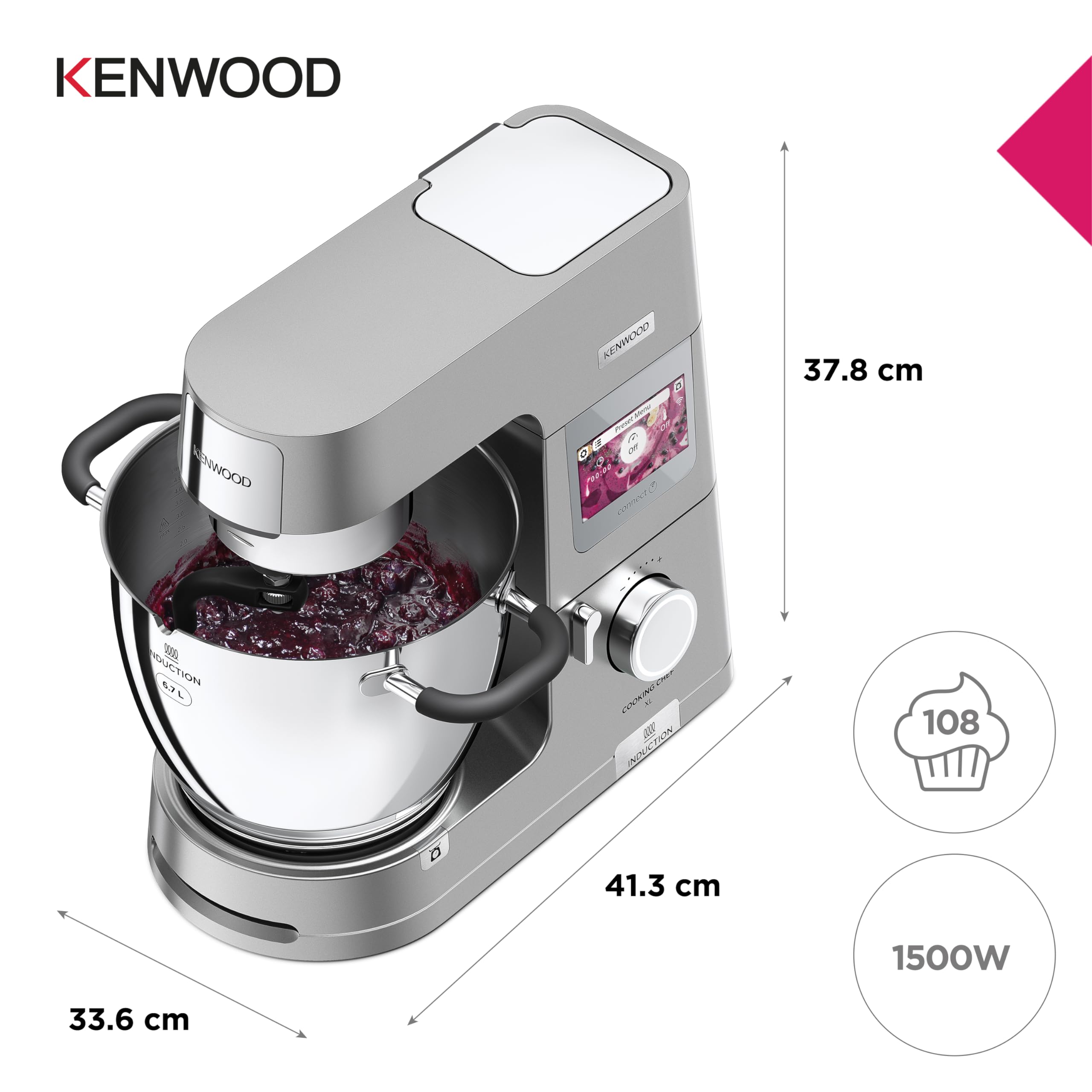Kenwood Cooking Chef XL KCL95.424SI, Impastatrice Planetaria con Frusta K, Robot da Cucina, Gancio per Impasti, Display LCD, Bilancia Integrata, Ciotola Acciaio Inox 6,7L, 1500W, Argento
