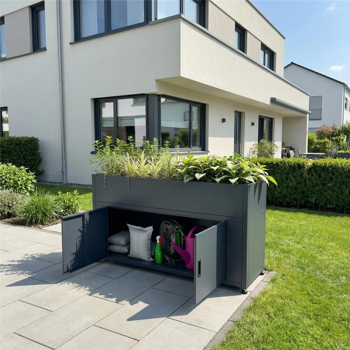 Metzler Hochbeet für den Garten mit Stauraum – Pulverbeschichteter Stahl in Anthrazit RAL 7016 | Witterungsbeständiges Metall-Gartenbeet, Pflanzenbeet, Blumenhochbeet | 160 x 85 x 50 cm