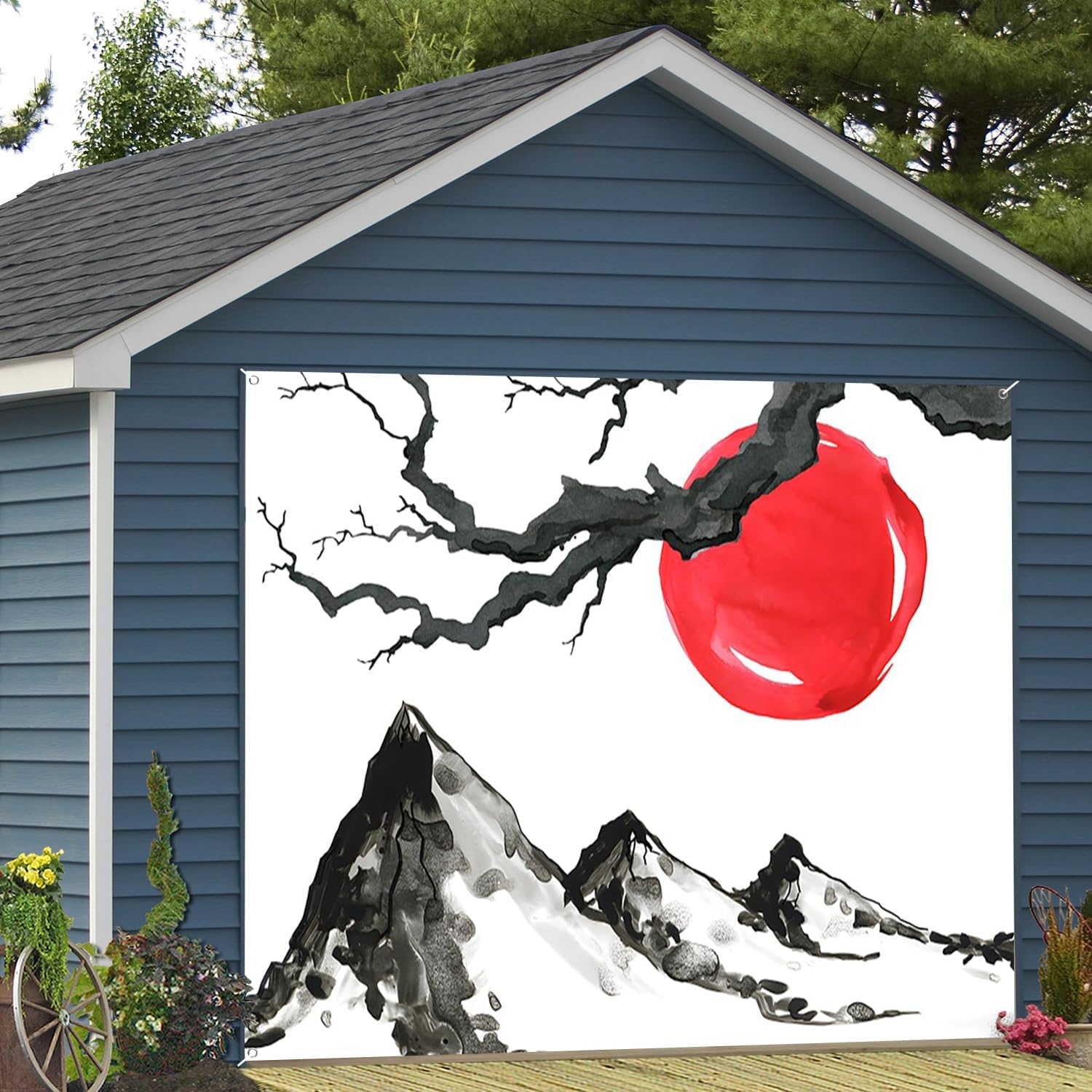 7x8ft Japanese Ink Painting Garage Door Decor Red Sun Fuji Mountain Tree Branches Traditional Abstract Garage Door Background for Asian Japan Themed Decorative Banner