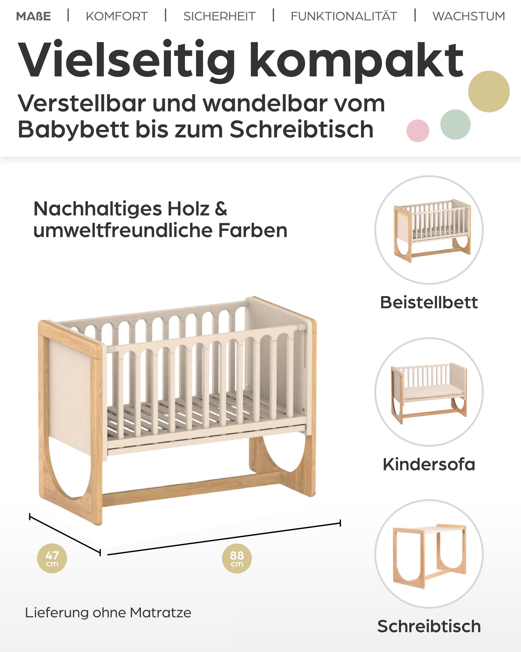 Geuther 4-in-1 Beistellbett Baby Hato, Baby Erstausstattung für Babyzimmer ab Geburt I Babybett mit Rollen, Gitterbett umbaubar als Kinderbett, Sitzbank oder Kindertisch I Buchenholz, Natur-Beige