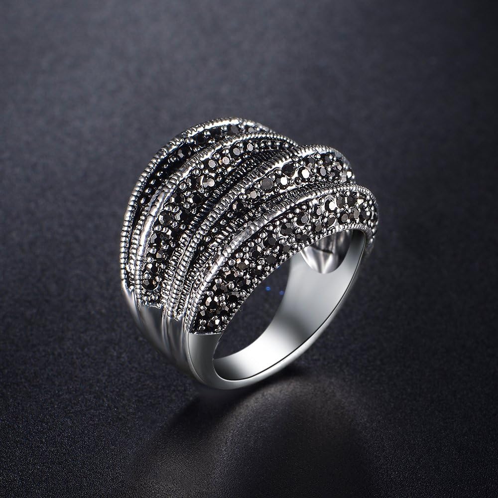 Mytys Statement Rings for Women with Black Zircons, Wavy Design, Vintage Wide Band Ring - Image 2