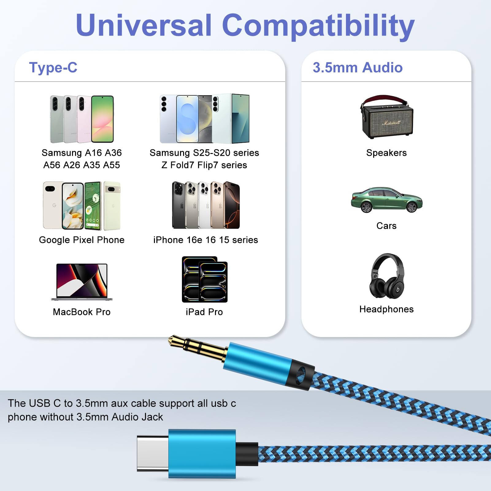 Samsung USB-C-auf-3,5-mm-Audio-Adapter, AUX-Kabel, 91 cm, für Samsung Galaxy A16, A36, Z, Fold7, Flip7, FE, A56, A26, S25 Edge Ultra S24, A35, Typ C auf 3,5 mm AUX-Adapter, Kopfhörer, Autoradio