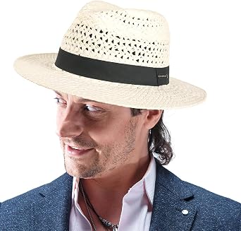 Mens Straw Fedora Hats Women Vented Panama Wide Brim Summer Beach Sun Hat