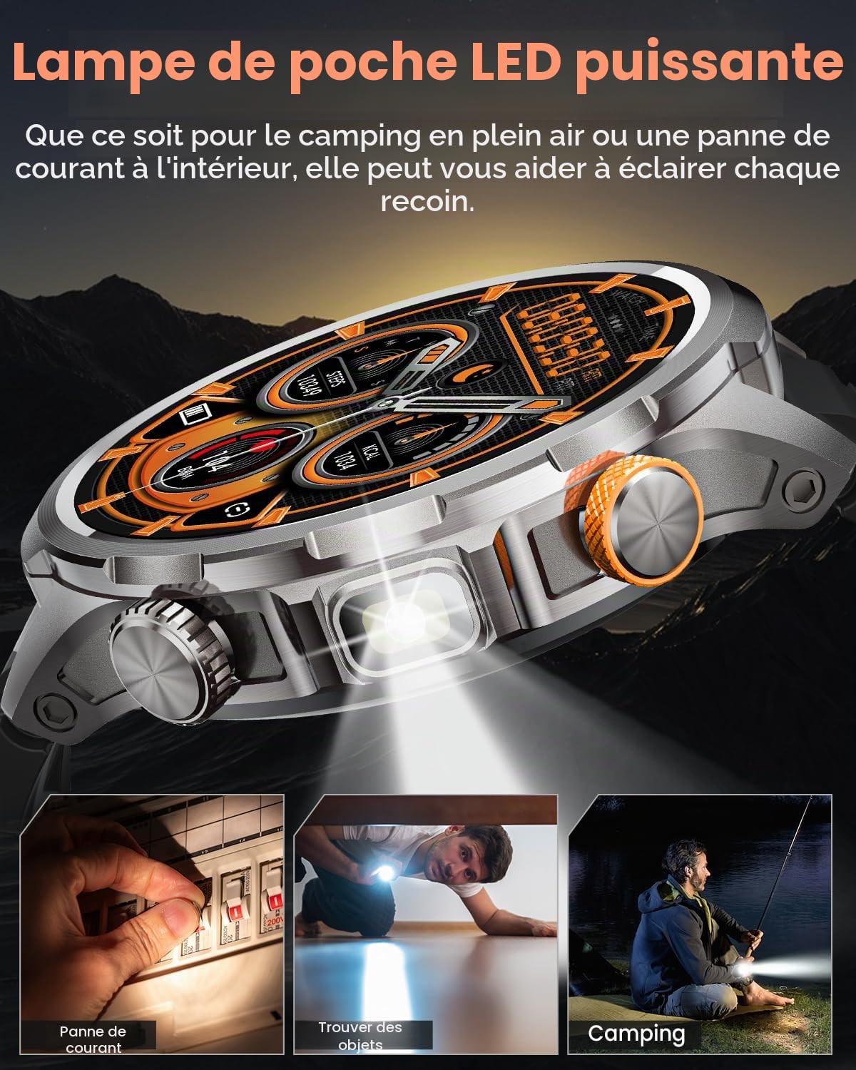 Montre Connectée Homme 1000mAh/5ATM Étanche/LED Lampe, 1.91" AMOLED Militaire Smartwatch Homme avec Appel Bluetooth, 113 Modes Sportifs, 24H Sommeil/Fréquence Cardiaque/Podomètre Android iOS Argenté