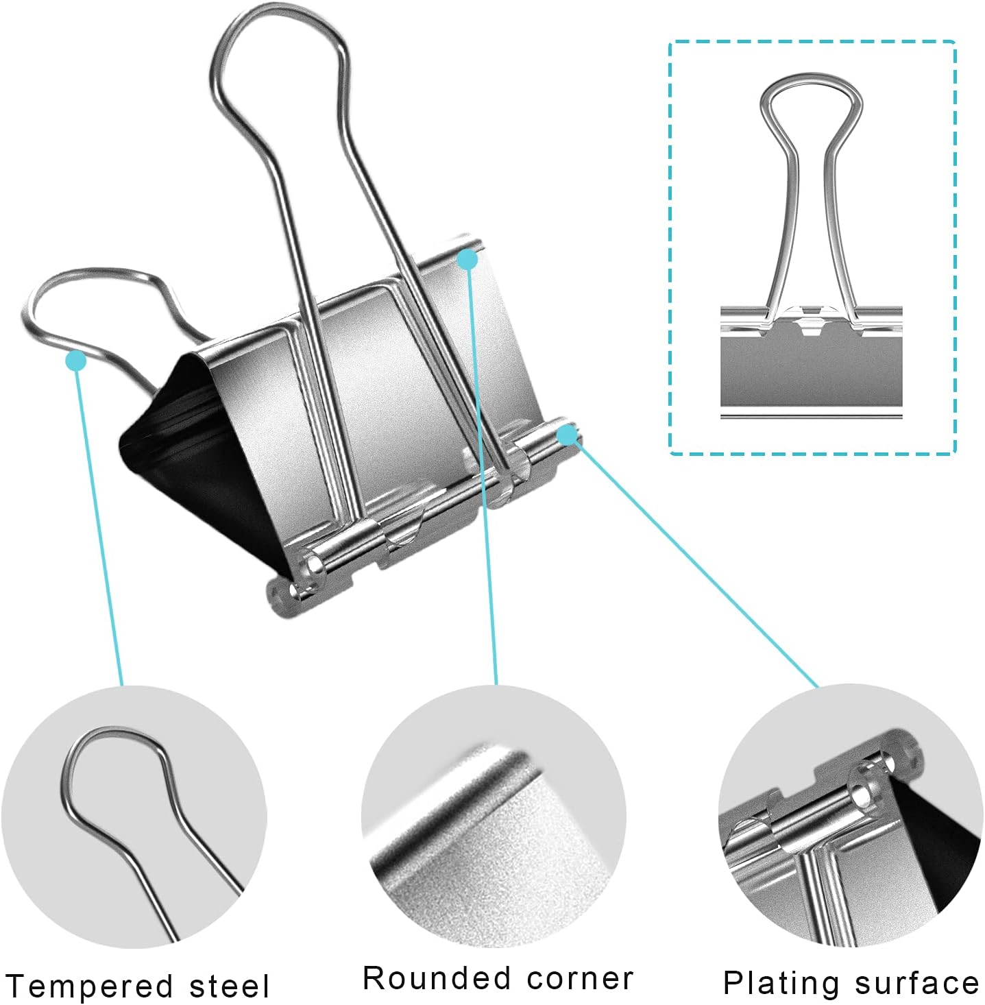 Hongri Large Binder Clips Paper Clamps - 12 Pack(Silver), Size 2 inch Width Clips, Big Paper Clamps Holder for Office, School, Home, Man, Woman, Cute Silver Binder Clip.