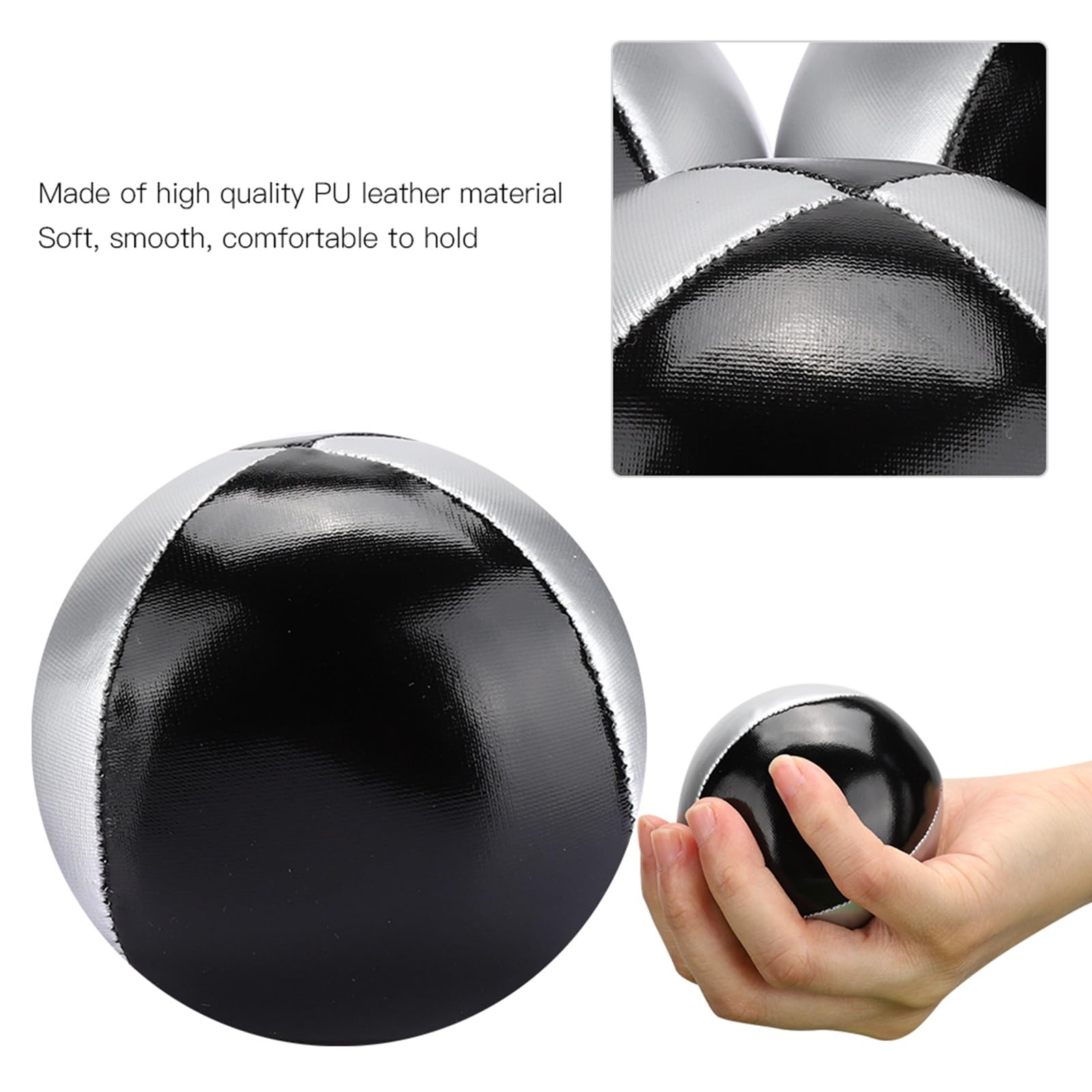 Culnflun Juggling Ball Set, Lightweight Portable Durability Soft Smooth, 3PCS Silver Black PU Leather Indoor Leisure