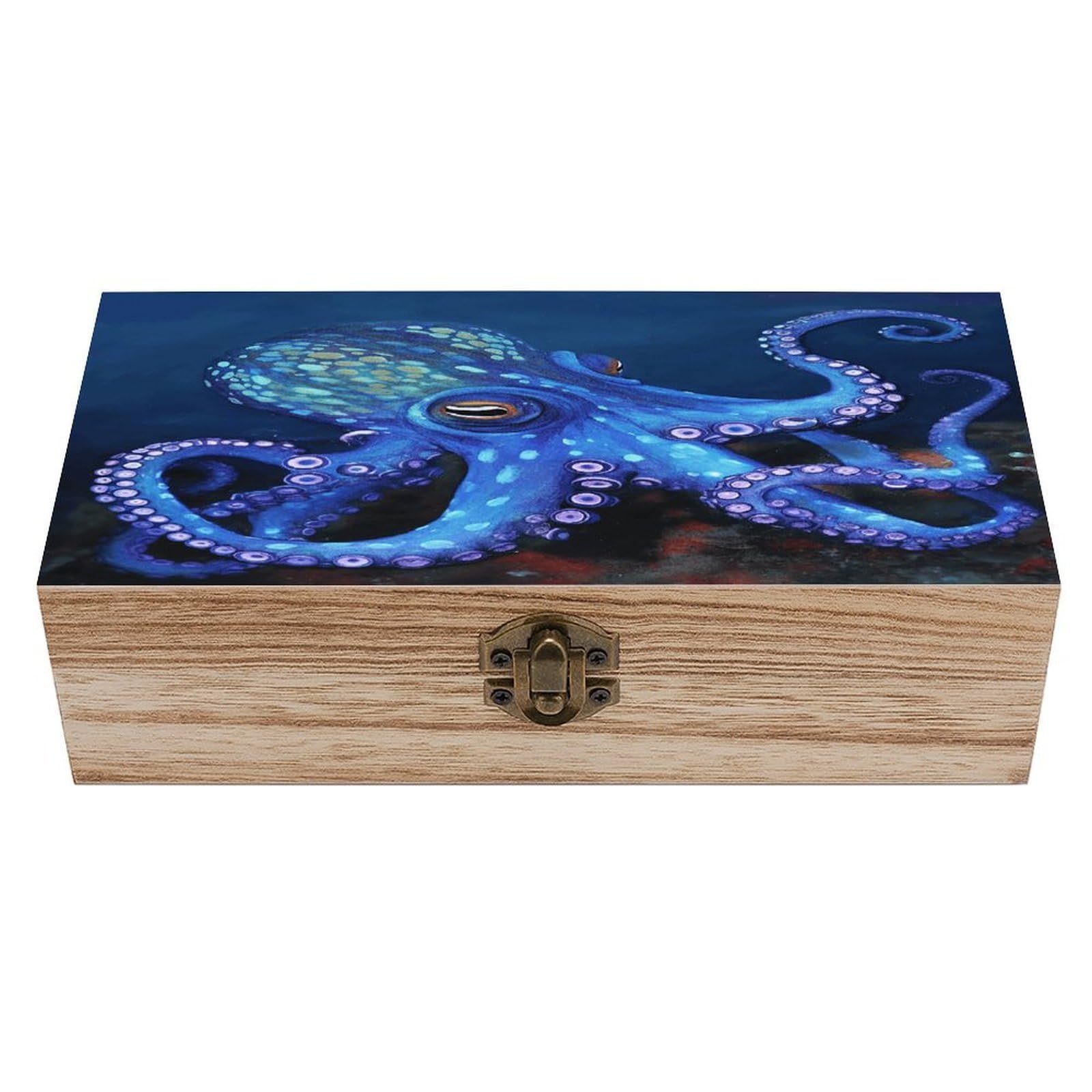 VstaDank Blue Octopus Wooden Storage Box Wooden Keepsake Box with Hinged Lid Exquisite Solid Wood Decorative Jewelry Case Memory Box for Jewelry Photos Letters Crafts Trinkets