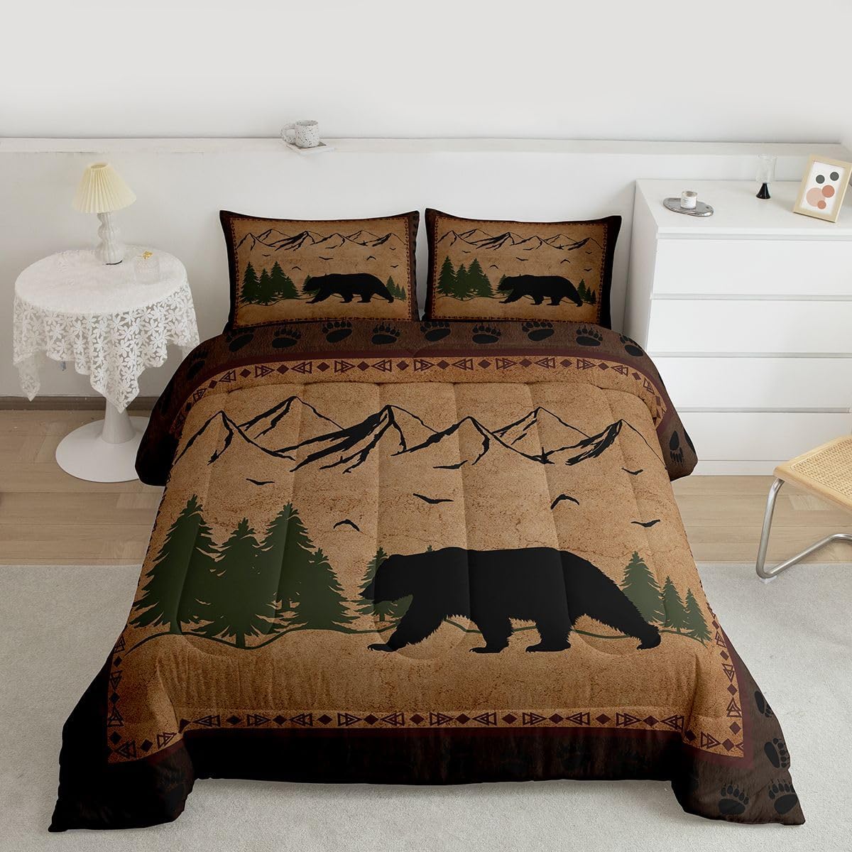 Erosebridal 3 Pcs Bear Comforter Set Queen Size, Rustic Lodge Theme Bedding Set for Kids Boys Teens Adult, Cabin Farmhouse Wildlife Quilt Woodland Animal Down Comforter for Bedroom Decor, Brown
