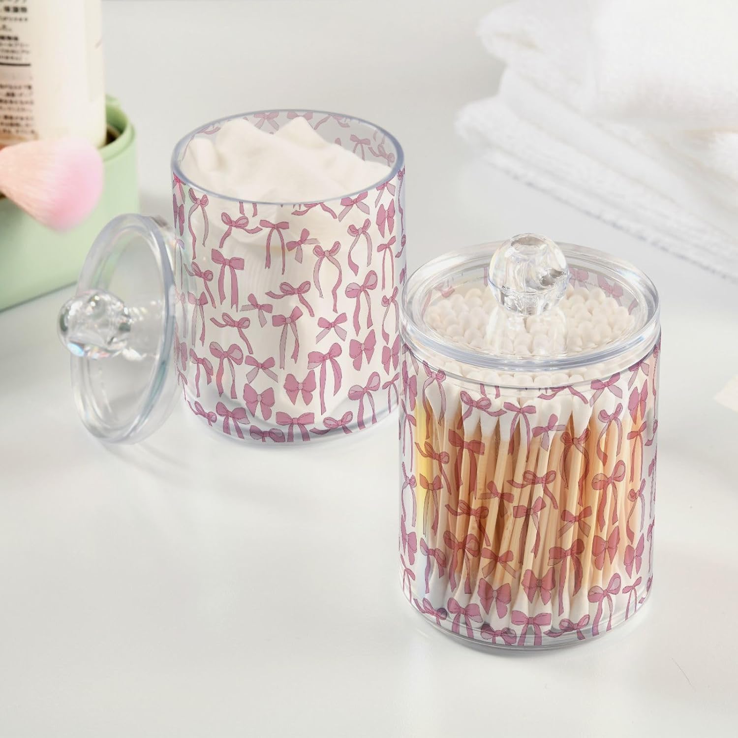 Gredecor 2 Pack Qtip Holder Clear Aesthetic Pink Ribbon Bow Apothecary Jars with Lids Acrylic Bathroom Jars Vanity Countertop Canister Storage Organizer for Cotton Ball,Swabs,Pads,Floss image 5