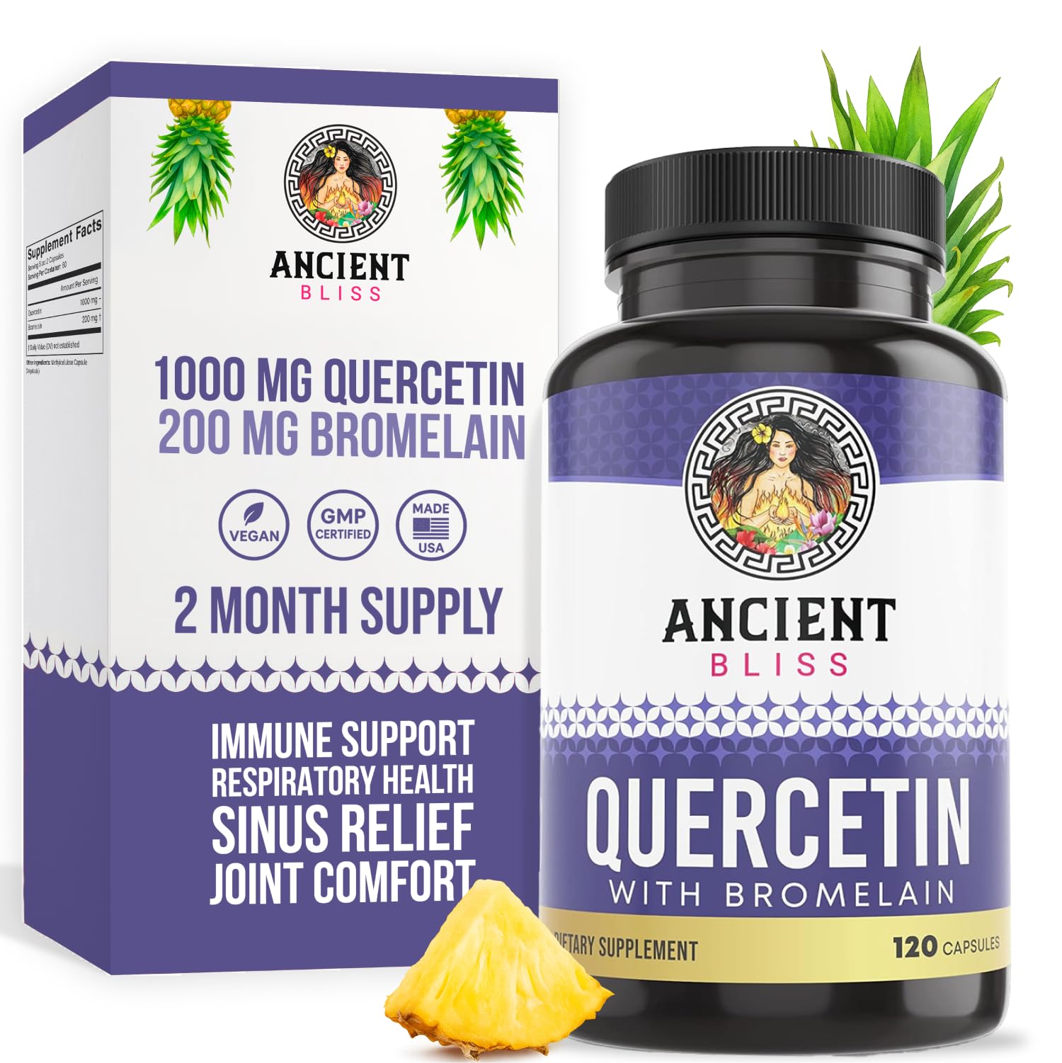 Ancient Bliss Quercetin with Bromelain | Quercetin 1000mg Bromelain 200mg per Serving | Supports Immune System, Joint Health, Respiratory Health & Overall Well-Being – 120 Capsules