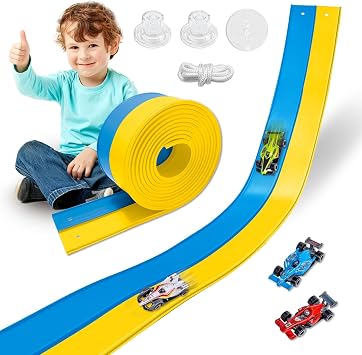 Flexible Race Track Toys for Kids 15 Ft with 4 Cars & Suction Cups, Portable Double Lane Racetrack Compatible with Hot Wheels & 1/64 Diecast Cars, Fun Car Ramp Track Set for Ages 3+Blue & Yellow