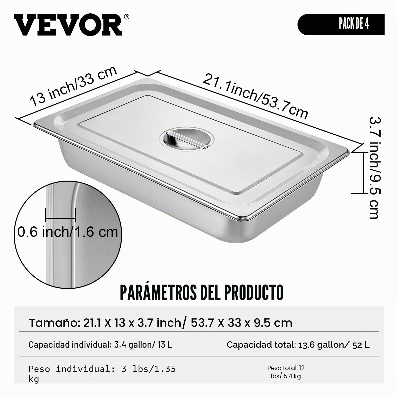 VEVOR Gastronorm - Juego de 4 recipientes para alimentos con tapa, 53,7 x 33 x 9,5 cm, antiadherente, recipiente para calentar alimentos, tartas, cazuelas