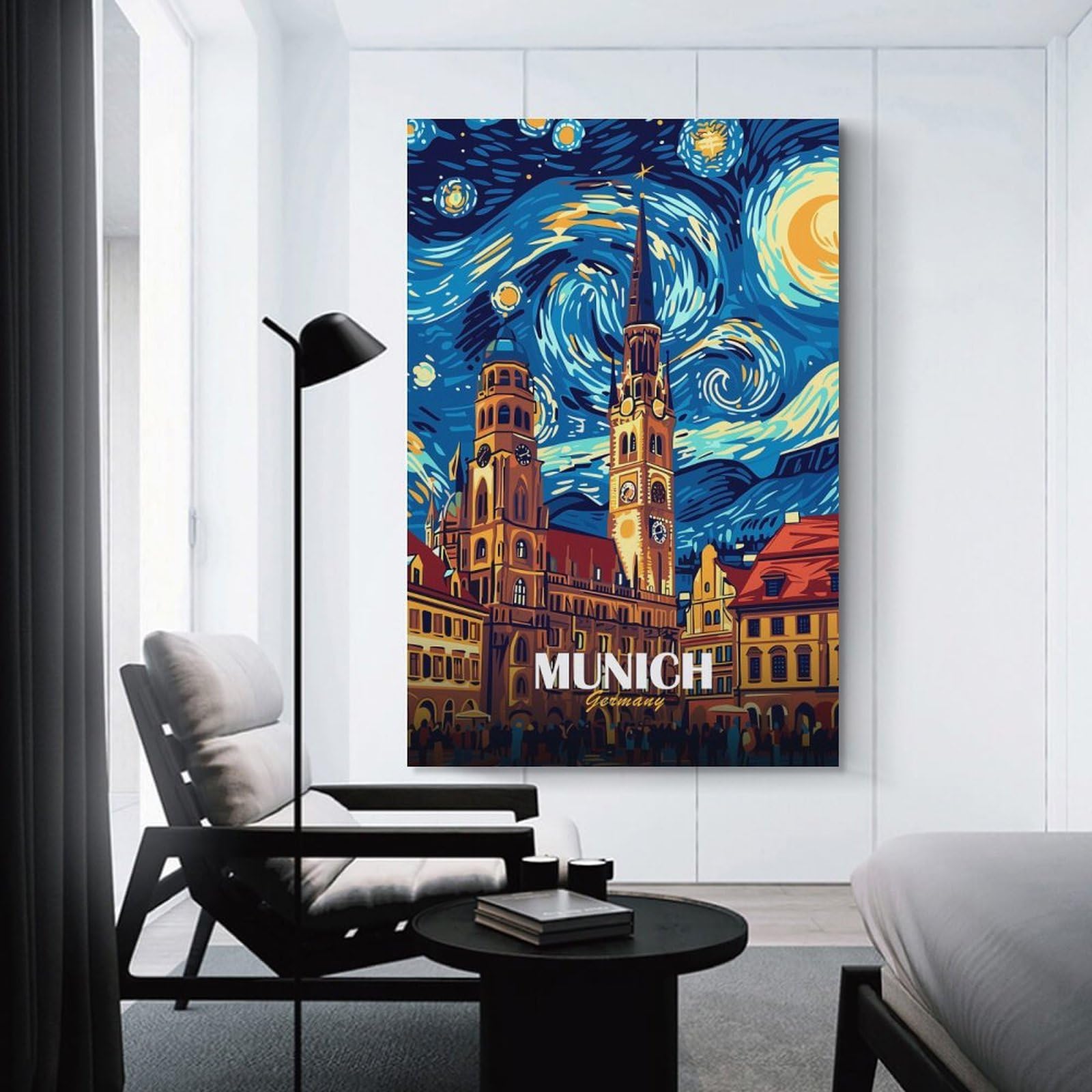 Junmoney Munich Germany Cityscape Starry Night Style Wall Art Print 24x36inch(60x90cm), for Hallway, Entryway Or Landing, A Neat Decor Update for Hallways, for Everyday Interiors