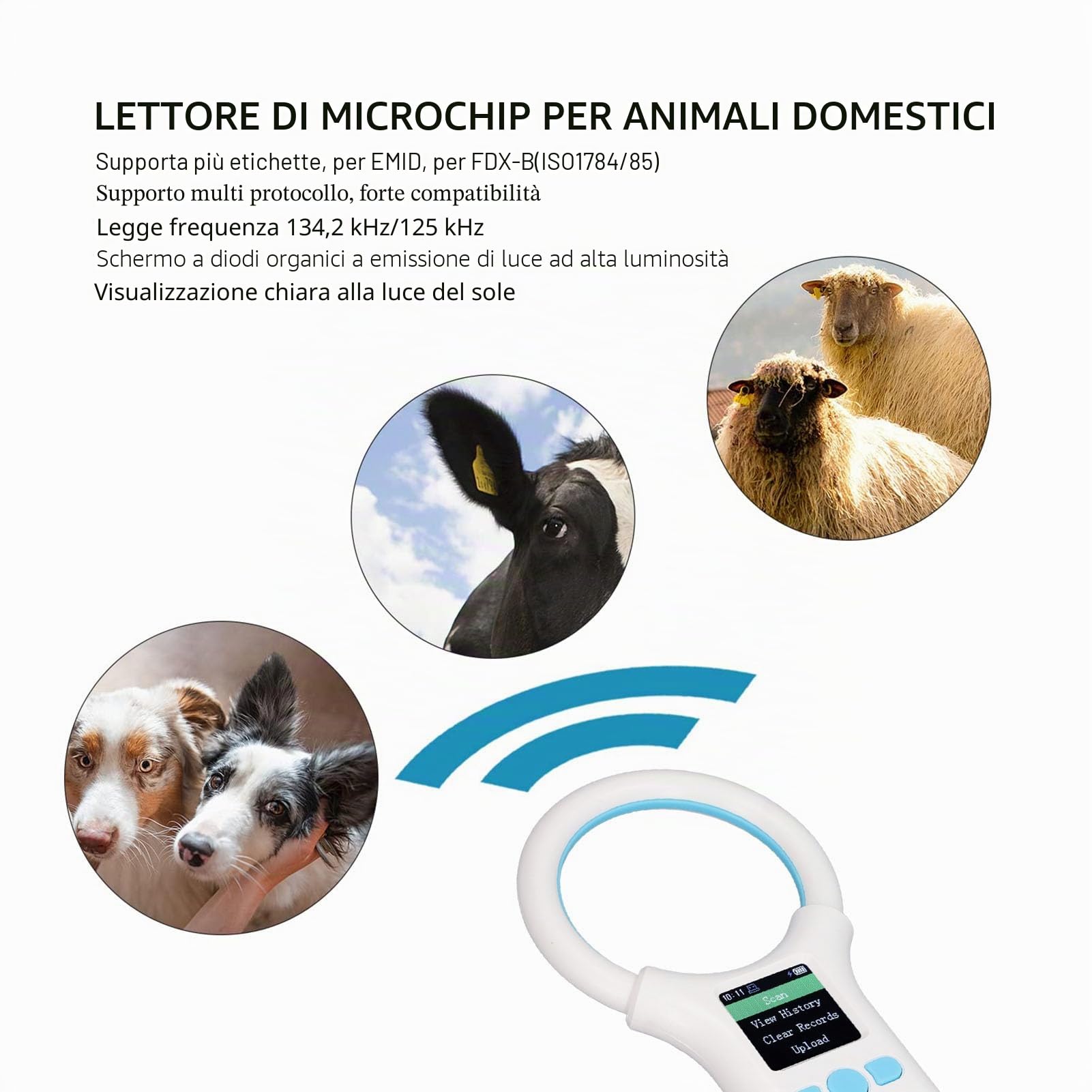 banapoy Lettore di microchip per animali domestici, 500 archivio dati per gatti e cani, lettore di chip ID RFID senza fili per EMID FDX B, lettore di marchi con schermo per mucca, pecora
