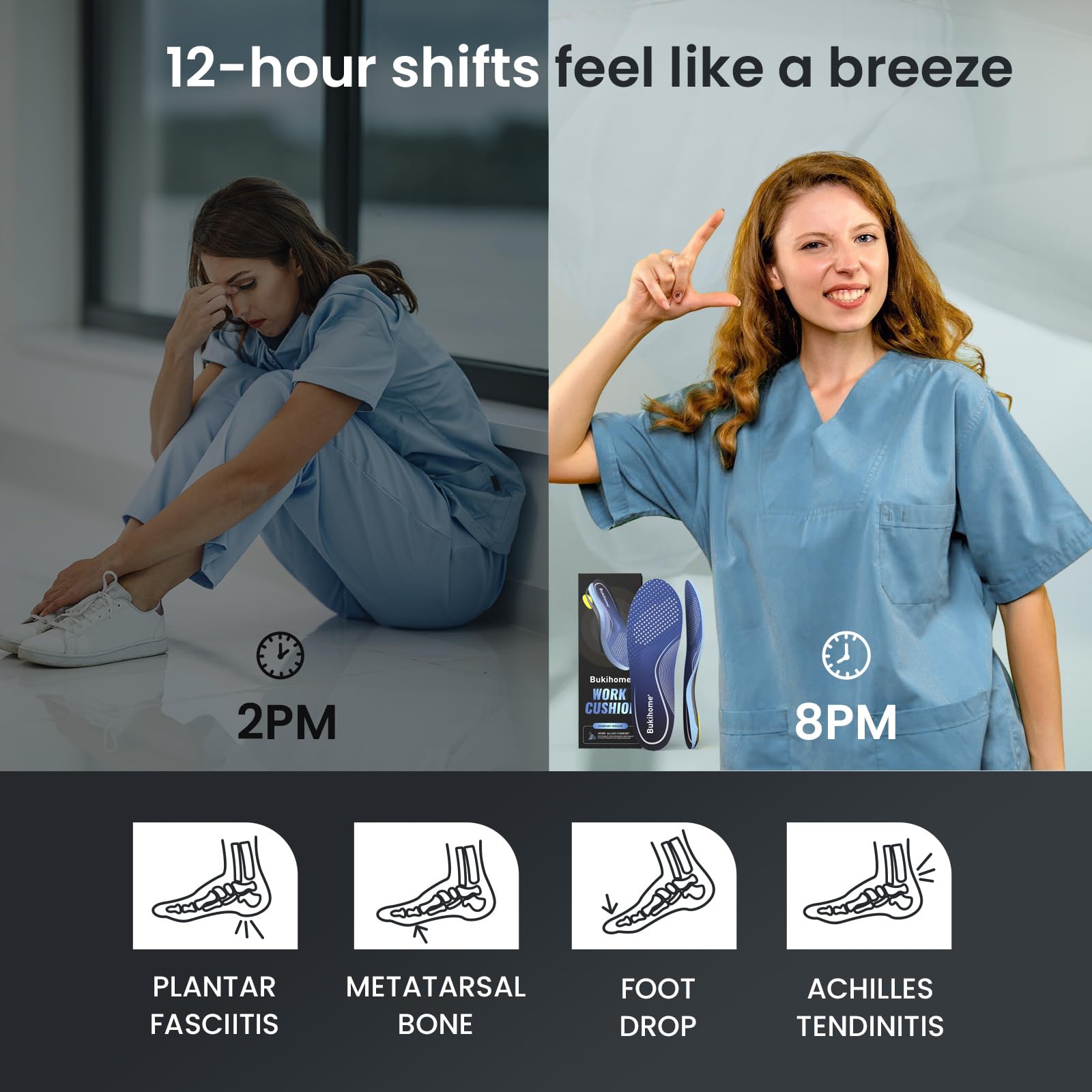 Bukihome Plantillas ortopédicas de fibra de carbono, soporte de arco premium para metatarsalgia y neuroma de Morton, inserciones de zapatos de grado profesional con almohadilla metatarsiana y