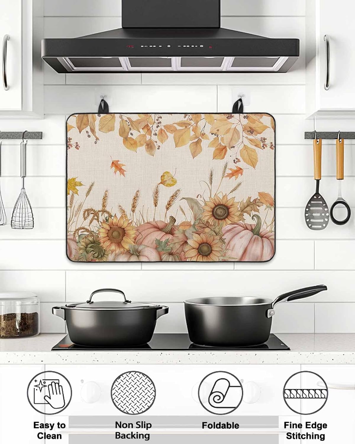 Stove Top Cover for Electric Stove Fall Thanksgiving Watercolor Pink Pumpkins Sunflowers Leaves Linen 28.5" x 20.5" Heat Resistance Electric Stove Cover Glass Stove Top Protector Counter Protector