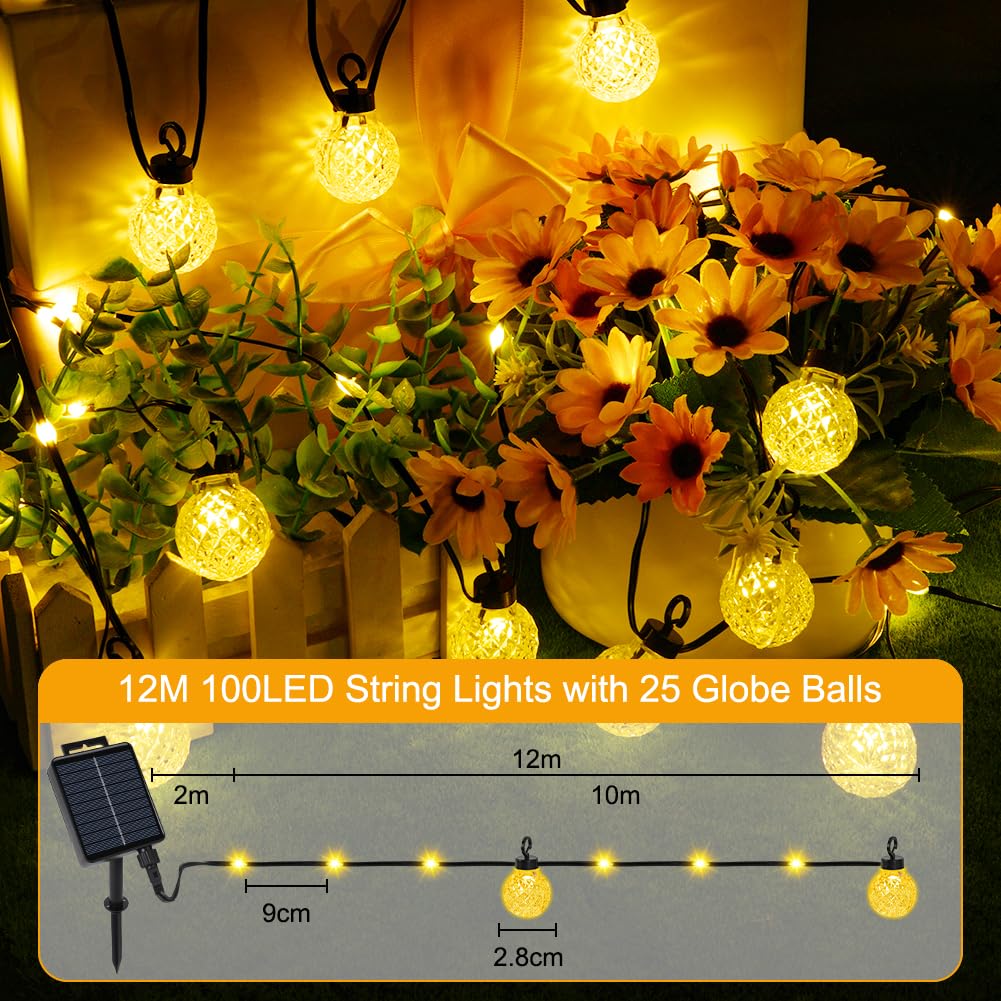 AUAUY Solar Garden String Lights Outdoor, 25 Bulbs 12m/39ft 100 LED with 8 Modes & Remote - Image 2