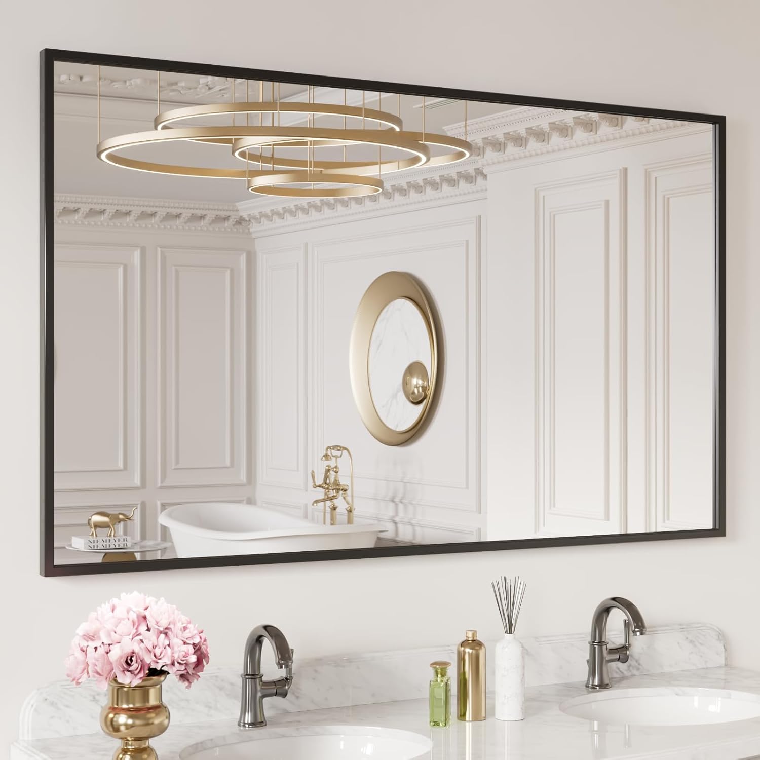 LOAAO 60″X30″ Black Rectangle Bathroom Mirror Wall, Matte Black Aluminum Alloy Frame, Tempered Glass, Hangs Vertically or Horizontally, Easy to Install LOAAO 60″X30″ Black Rectangle Bathroom Mirror Wall, Matte Black Aluminum Alloy Frame, Tempered Glass, Hangs Vertically or Horizontally, Easy to Install