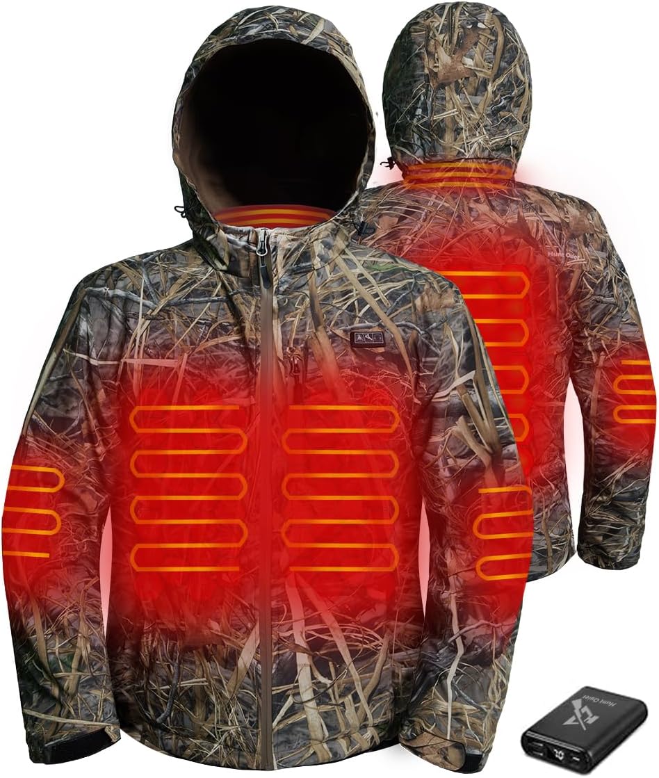 Heated Jacket For Men With Battery, 100% Waterproof Insulated Coat for Duck Hunting (Evos Camo, M-XXL)