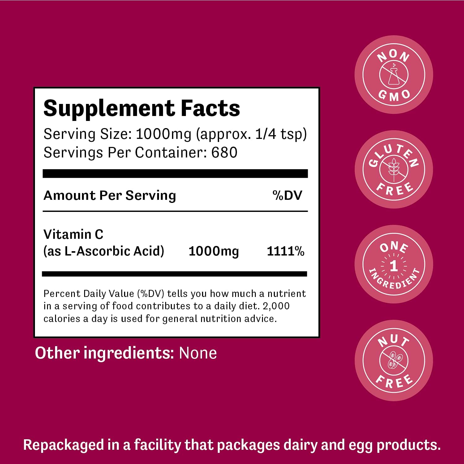 Judee’s Pure Vitamin C Powder 1.5lb (24oz) - 100% Non-GMO, Gluten-Free and Nut-Free - (L - Ascorbic Acid) - Immune Support & Antioxidant Supplement - No Fillers - for Cosmetics and Preserving Foods