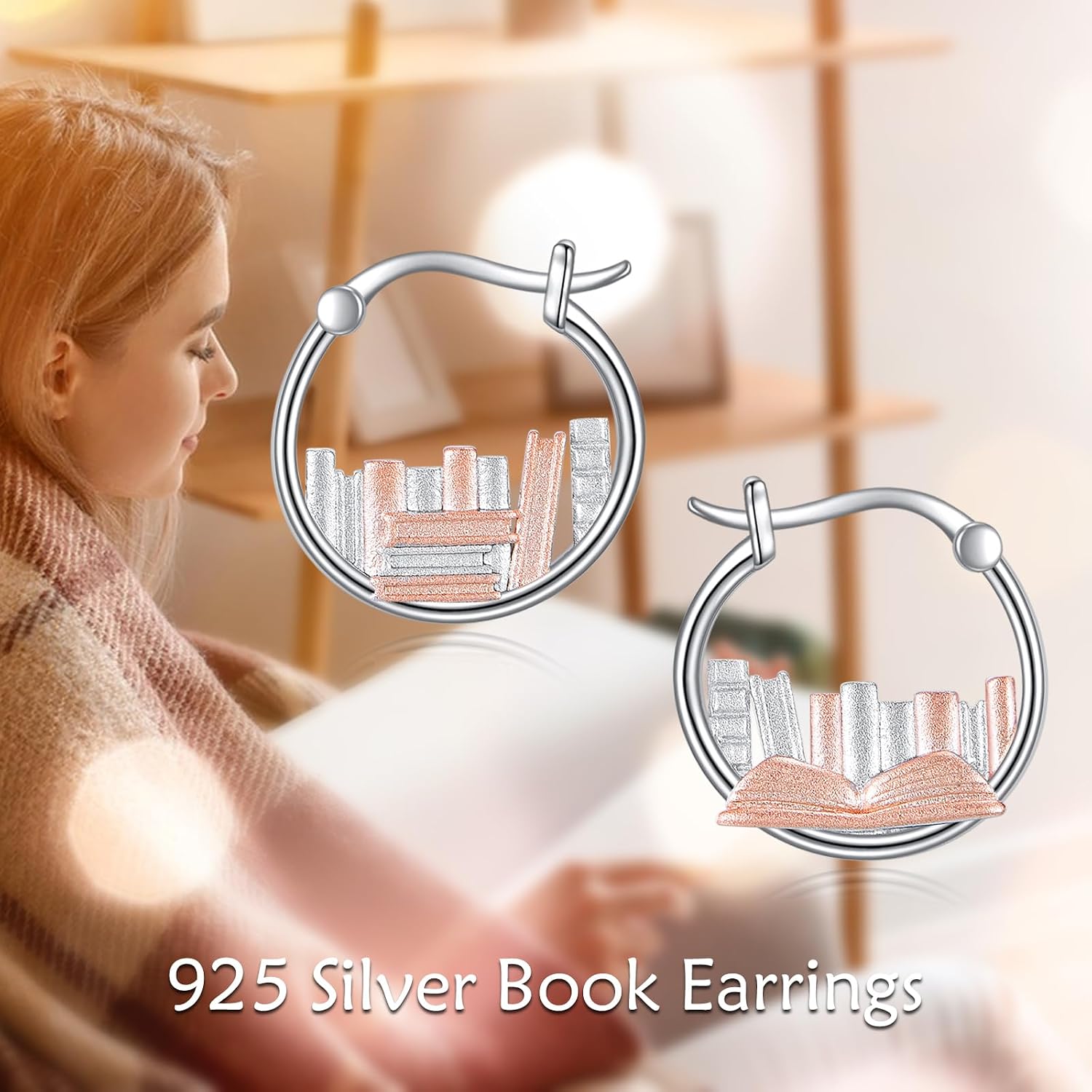 VONALA Book Earrings for Women 925 Sterling Silver Book Hoop Earrings 16mm Book Jewelry