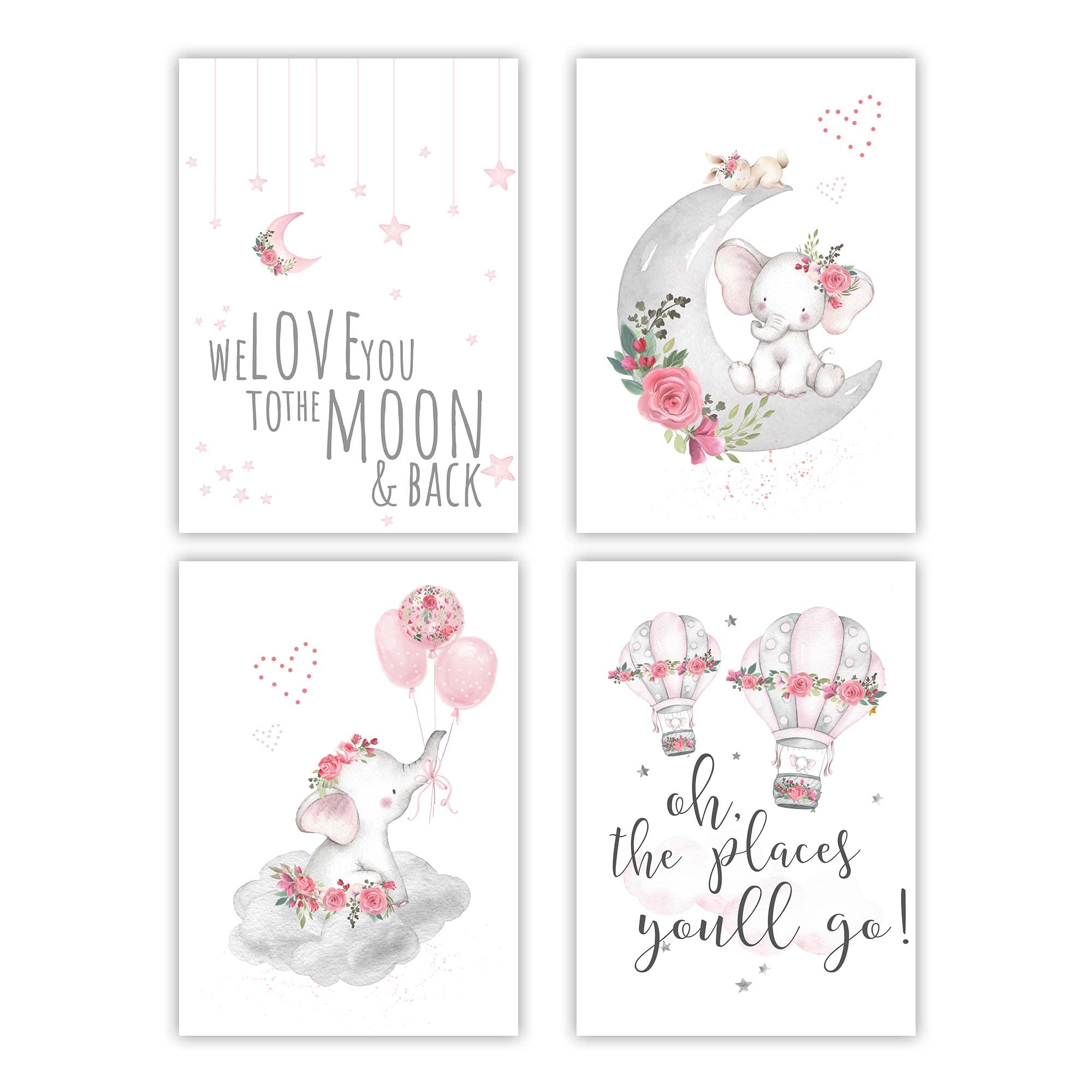 CanssapeSet of 4 Elephant Baby Nursery Wall Decor Bedroom Wall Art Hot Air Balloon Prints 8"x10"in Nursery Wall Poster For Kids Room Wall Decor(Unframed)
